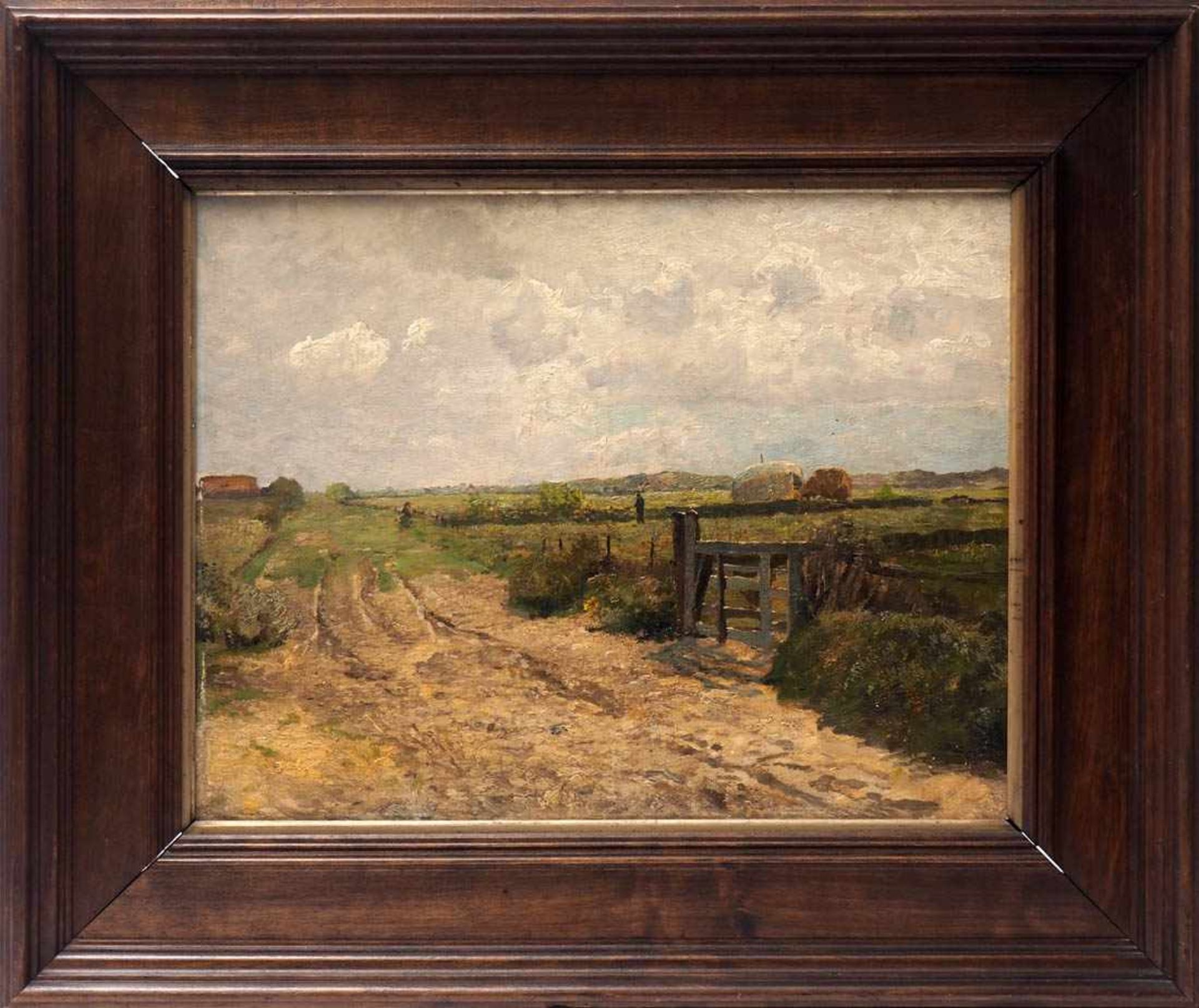 Baisch, Hermann (1846 - 1894)Weite holländische Landschaft mit Heuwagen und Figurenstaffage unter