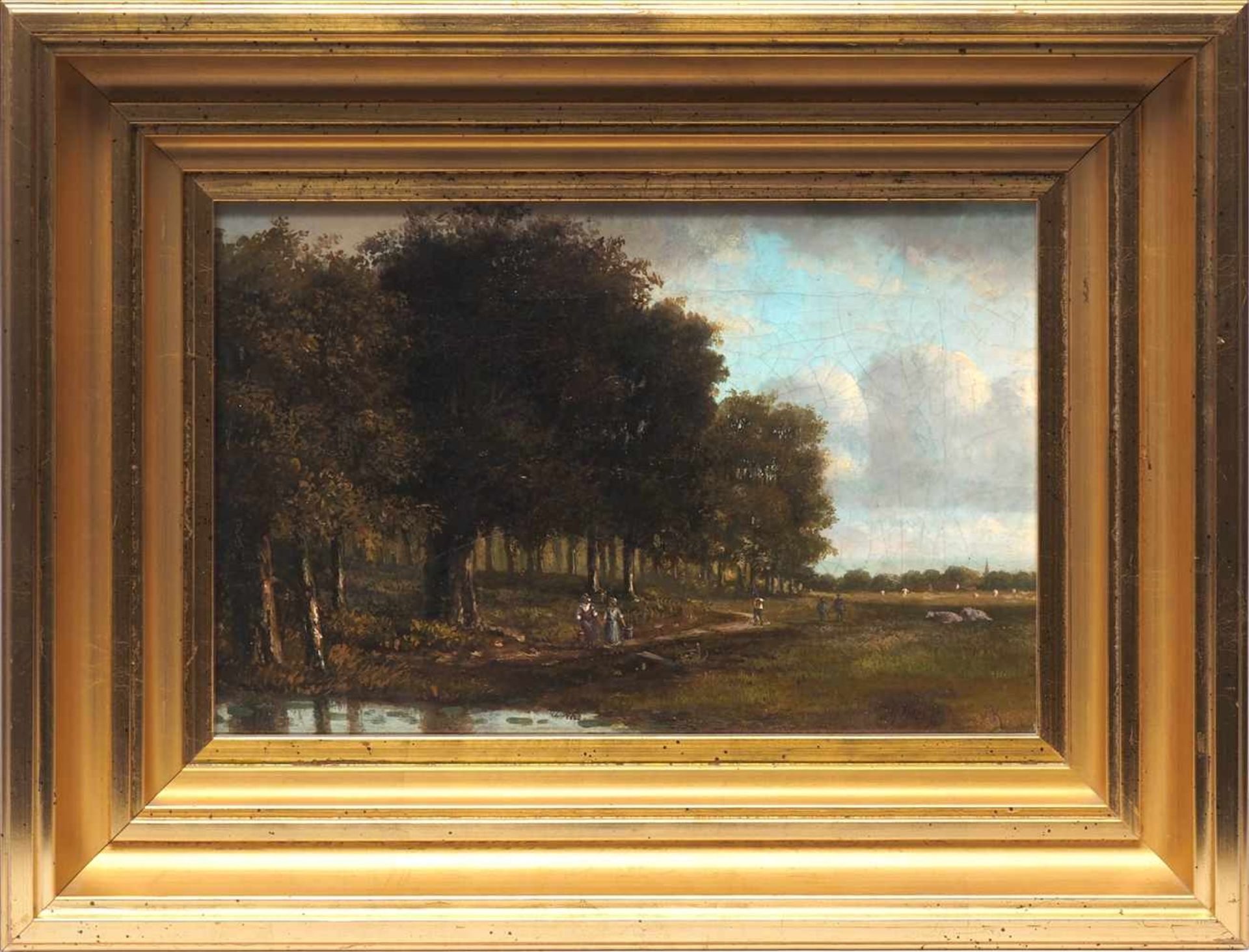 Hans, Josephus Gerardus, 1826 - 1891Weite, sommerliche Landschaft. Auf einem Weg am Waldrand streben