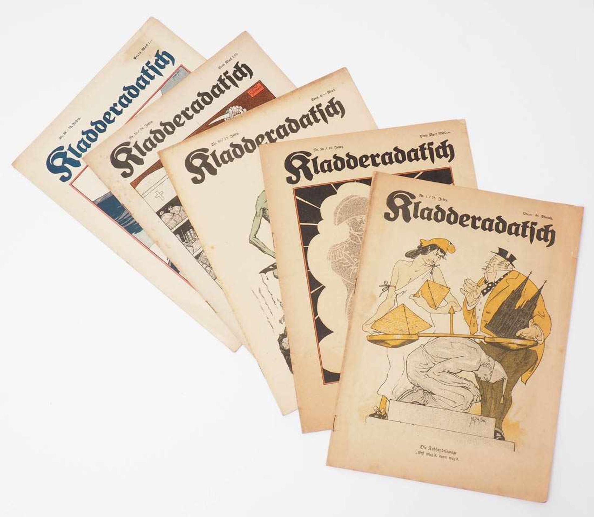 "Kladderadatsch" aus den Jahren 1920/'21/'22/'23/'24Zahlreiche Ausgaben, in Prospekthüllen.