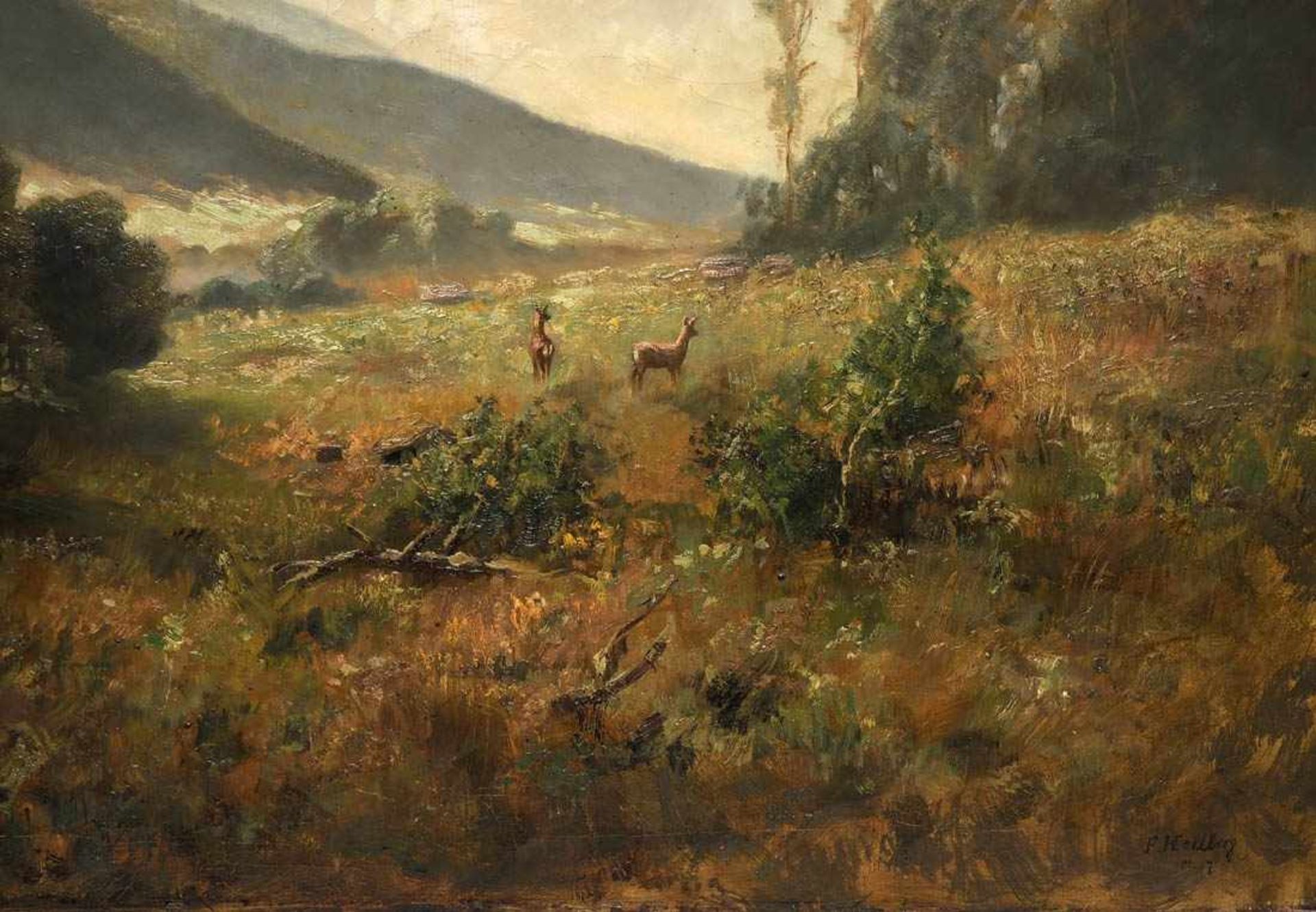 Hellberg, F.Weite Vorgebirgslandschaft im Frühling. Auf einer blühenden Wiese zwei Rehe. Öl/Lwd., - Bild 4 aus 7