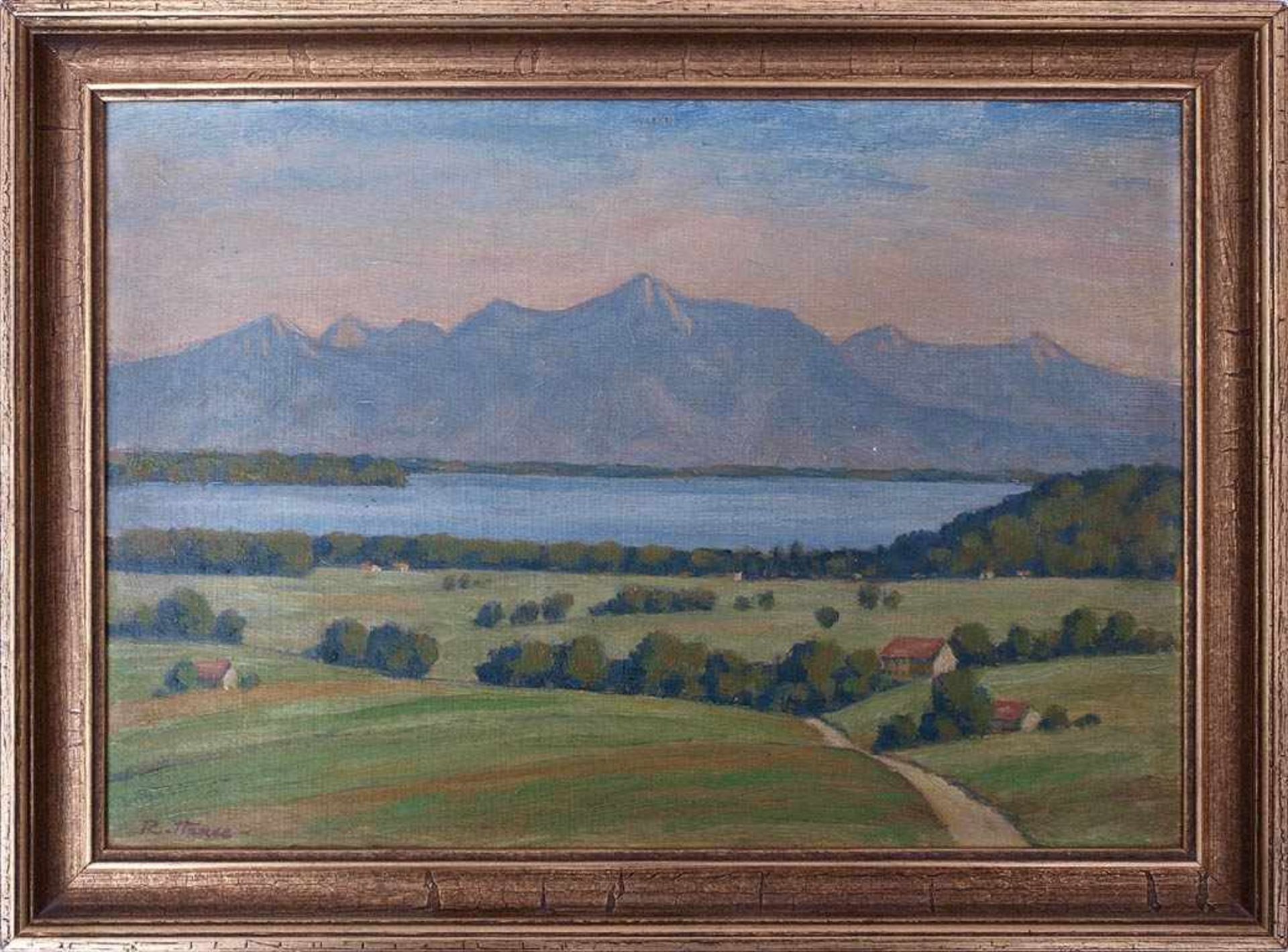 Hause, Rudolf, 1877 - 1961Sommerliche Landschaft an einem See, im Hintergrund die Höhenzüge der