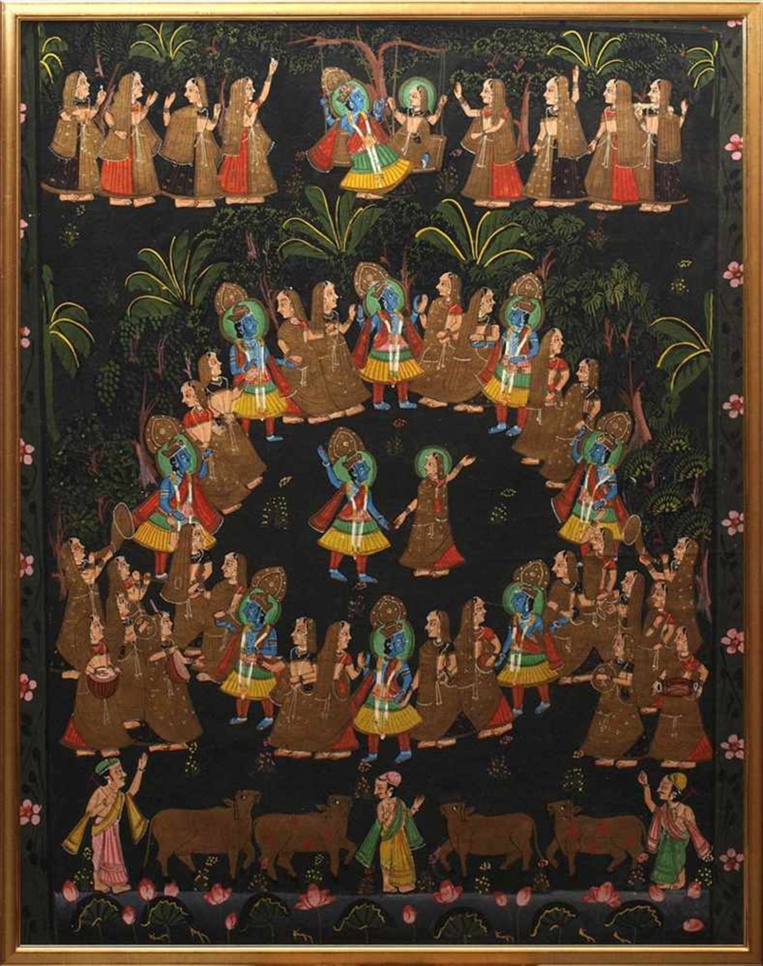Stoffmalerei, indischÄhnlich wie vorige, in Blattgoldleiste ger. Außenmaß des Rahmens 119x93cm.