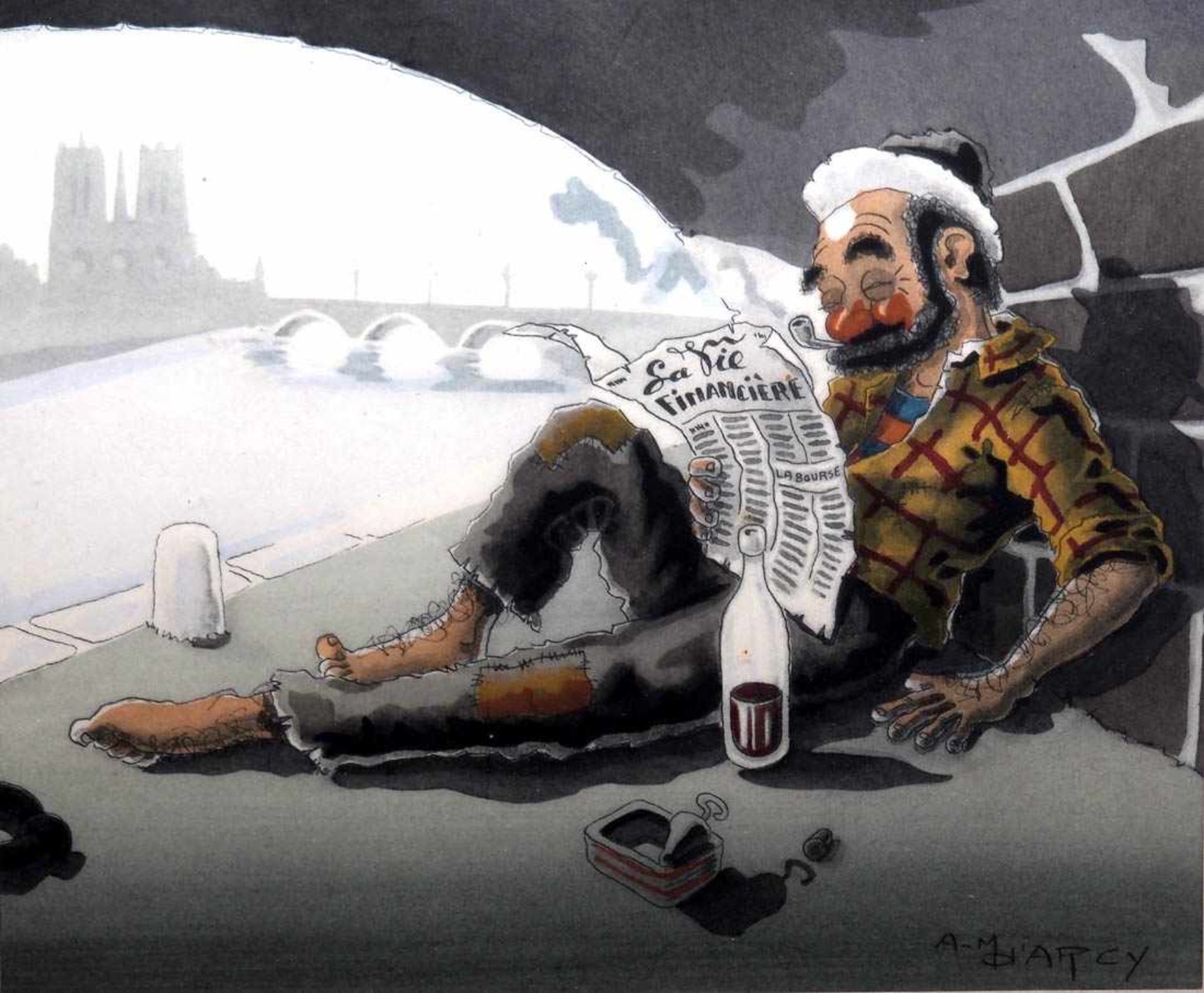 KarikaturistClochard unter einer Seinebrücke bei Notre-Dame, in die Lektüre der "La vie - Bild 2 aus 3