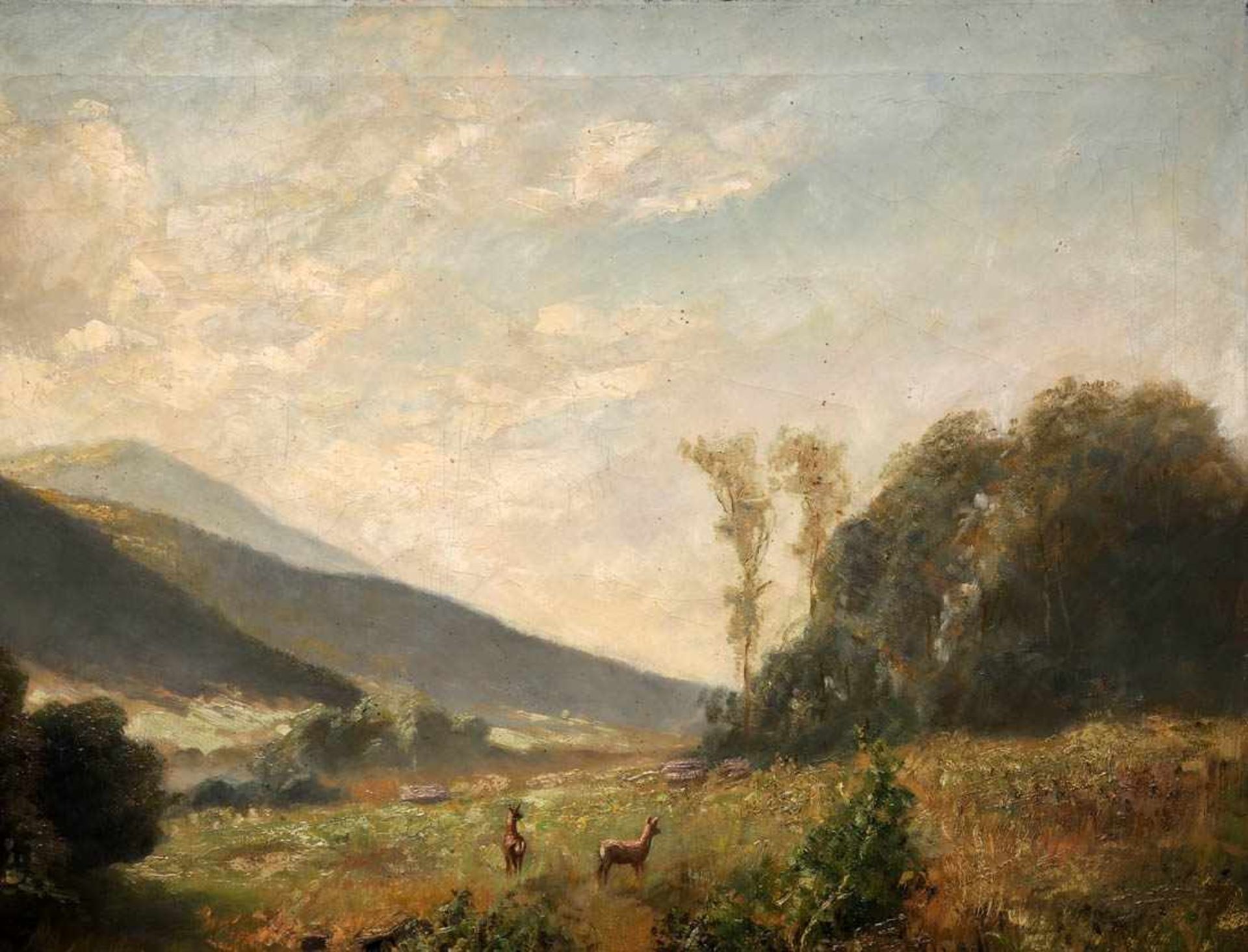 Hellberg, F.Weite Vorgebirgslandschaft im Frühling. Auf einer blühenden Wiese zwei Rehe. Öl/Lwd., - Bild 3 aus 7