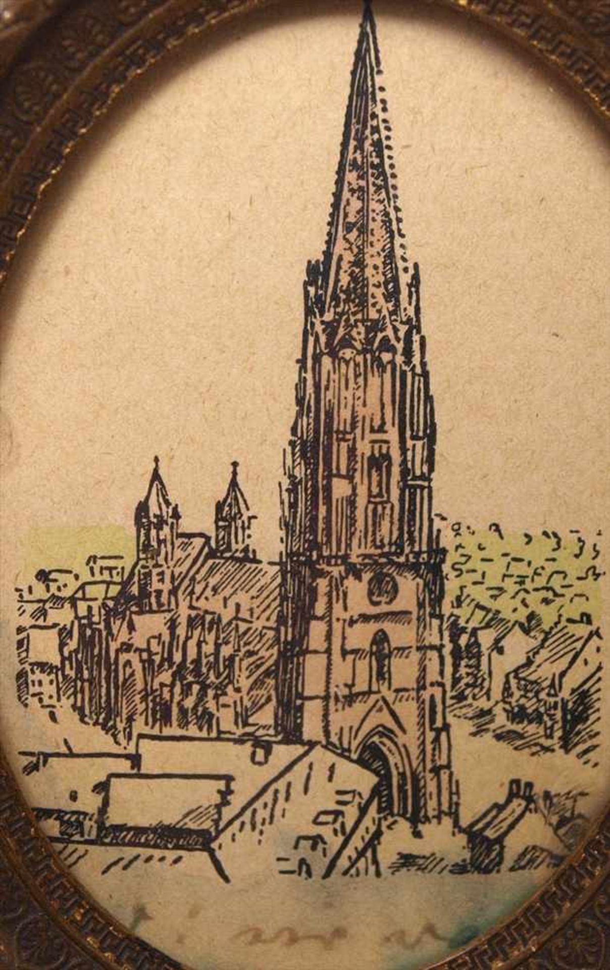 Miniatur, 19.Jhdt.Blick auf das Freiburger Münster mit umgebenden Häusern. Tusche/Papier, koloriert. - Bild 2 aus 2