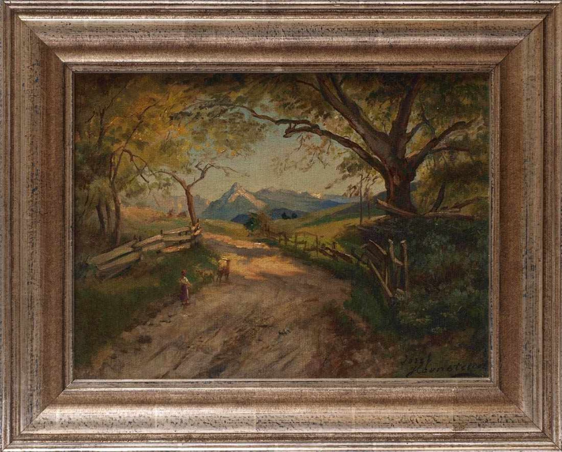 Haunstetter, Joseph, 1858 - 1944Weite, sommerliche Voralpenlandschaft. Im Vordergrund auf einem