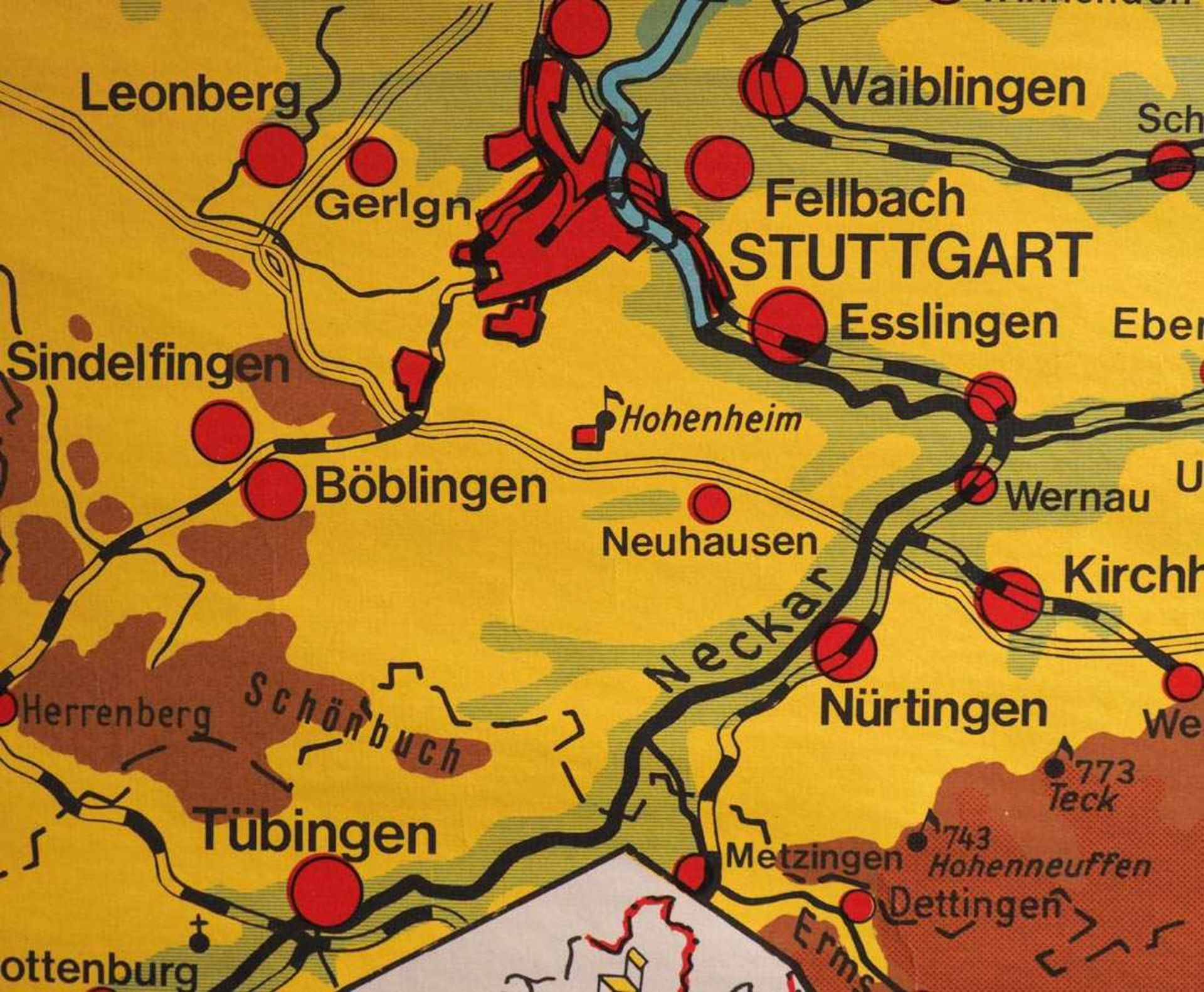 Schulkarte, 60er JahreKarte von Baden-Württemberg. Verlag B. Stockmann. Papier auf Leinen, mit - Bild 5 aus 5