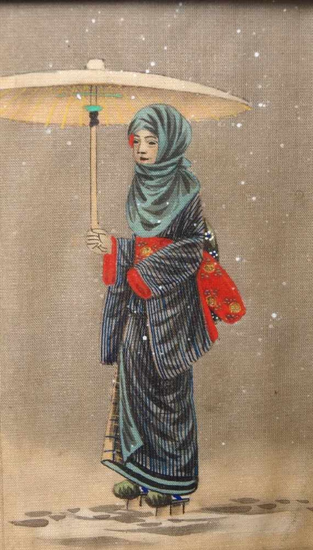 Drei Stoffmalereien, Japan, um 1900Bauer mit Körben, Dame mit Schirm bzw. junger Bauer, sich ein - Image 3 of 4