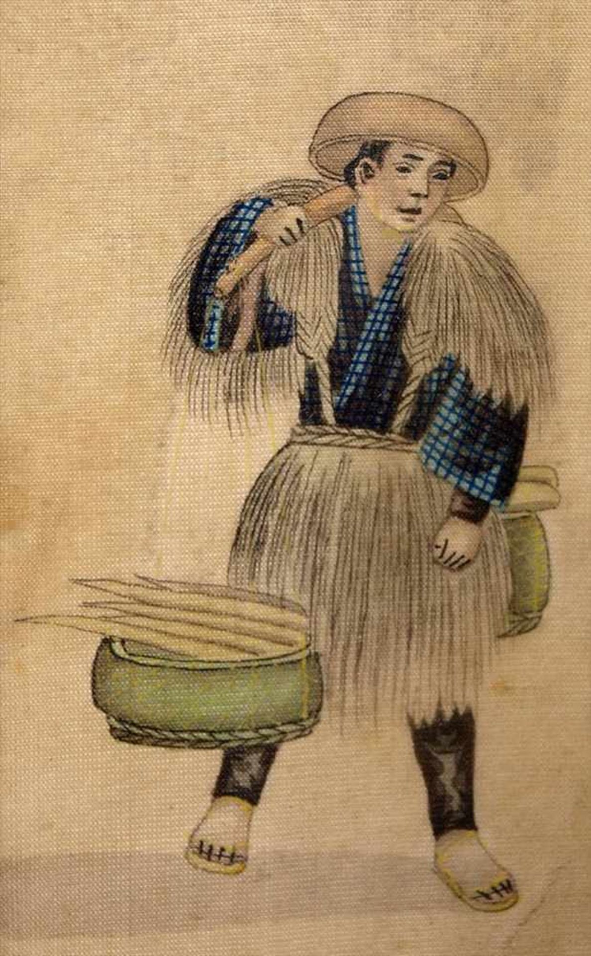 Drei Stoffmalereien, Japan, um 1900Bauer mit Körben, Dame mit Schirm bzw. junger Bauer, sich ein - Image 2 of 4