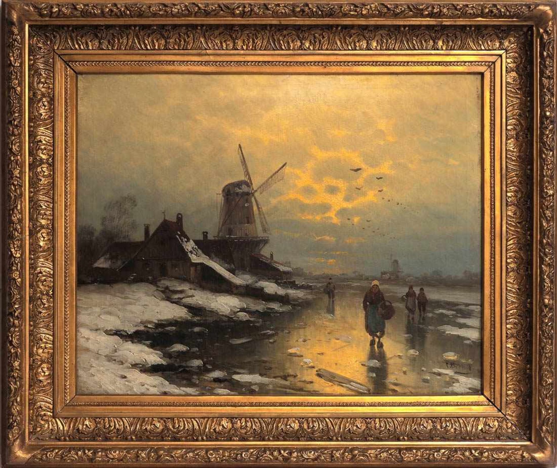 Bertold, Carl (geb. 1870)Winterliche Flusslandschaft in den Niederlanden, am Ufer ein Bauerngehöft