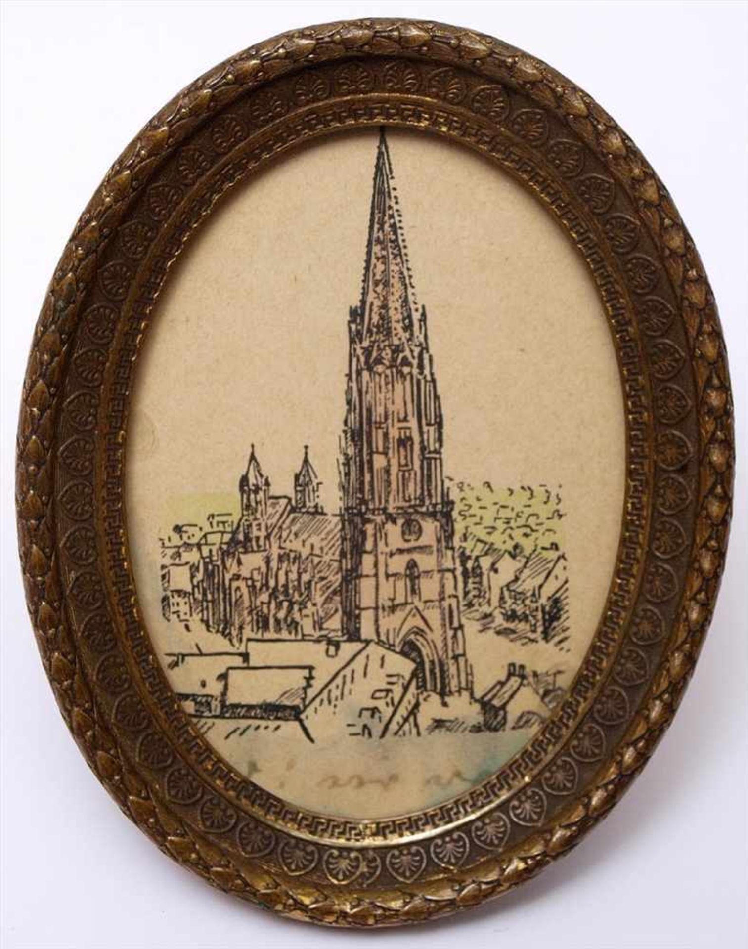 Miniatur, 19.Jhdt.Blick auf das Freiburger Münster mit umgebenden Häusern. Tusche/Papier, koloriert.