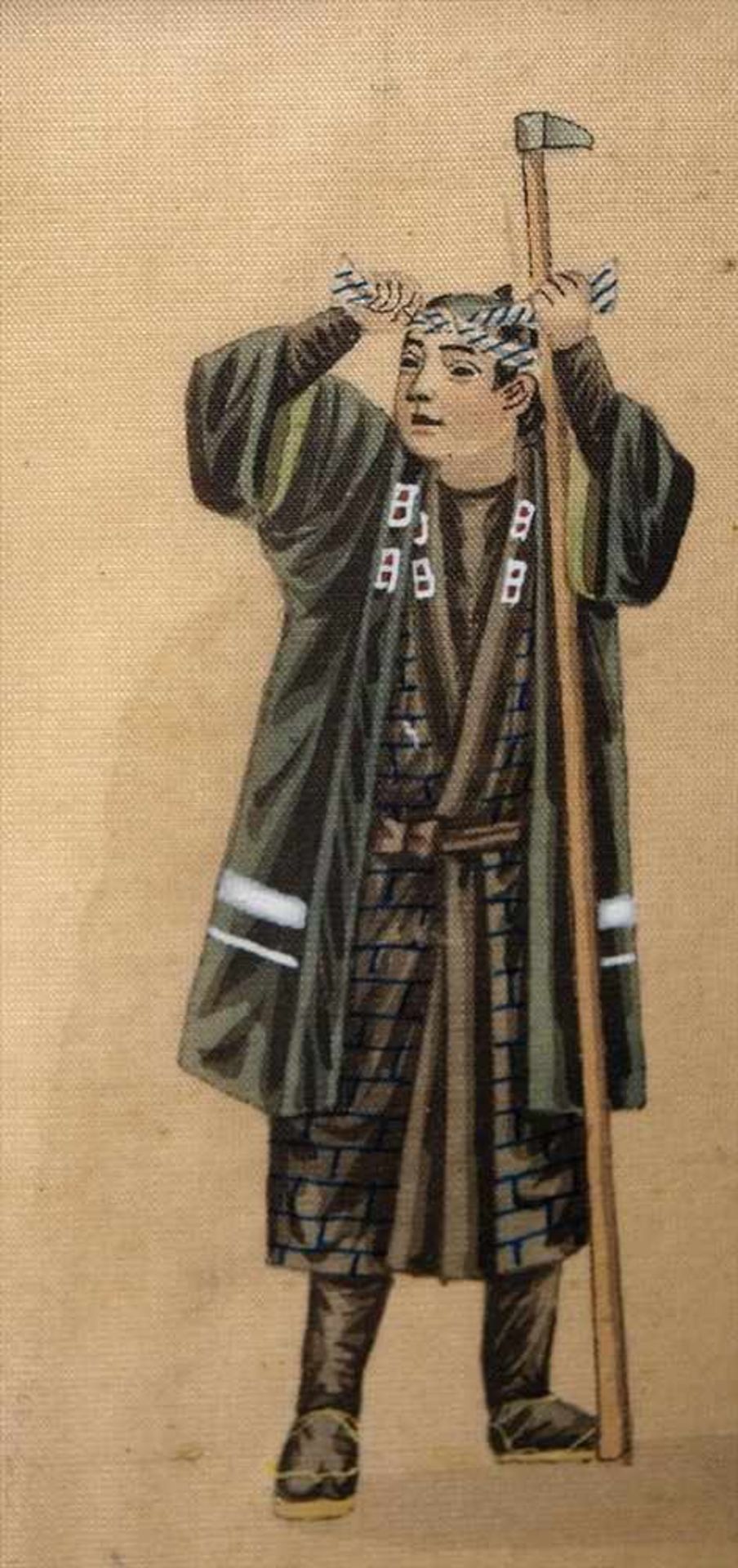 Drei Stoffmalereien, Japan, um 1900Bauer mit Körben, Dame mit Schirm bzw. junger Bauer, sich ein - Image 4 of 4