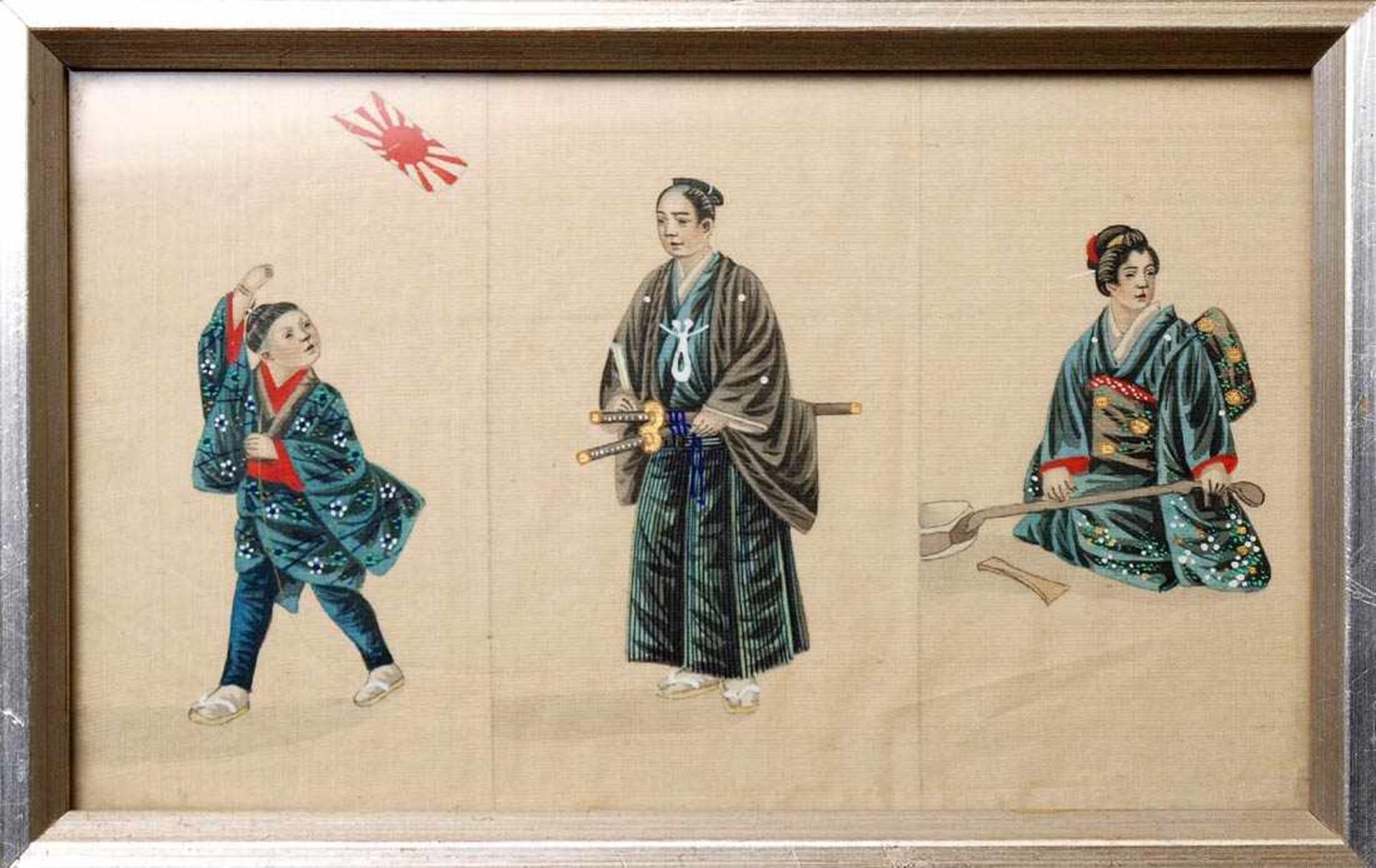Drei Stoffmalereien, Japan, um 1900Samurai, Kind mit Flagge bzw. kniende Frau mit Schaufel in