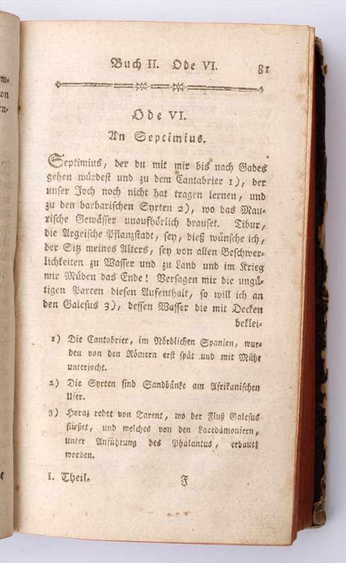 Gedichte des HorazÜbersetzt von Junkheim und Hirsch, verlegt bei Haueisen, Ansbach 1797. Rot - Bild 2 aus 3