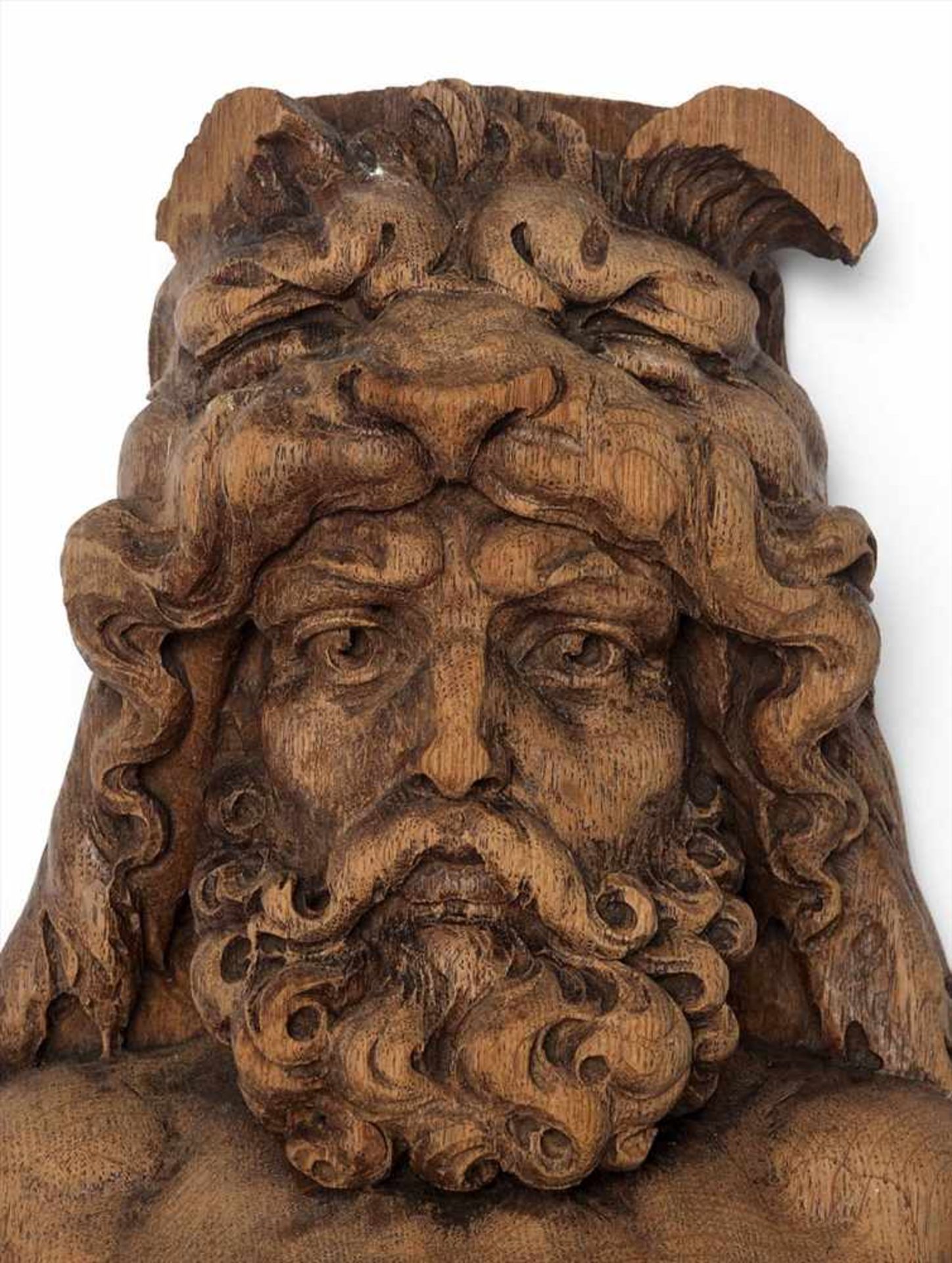 Figurine, 18./19.Jhdt.Halbrund geschnitzte Halbfigur von Herkules mit dem Löwenfell. Eiche. H. - Bild 2 aus 6