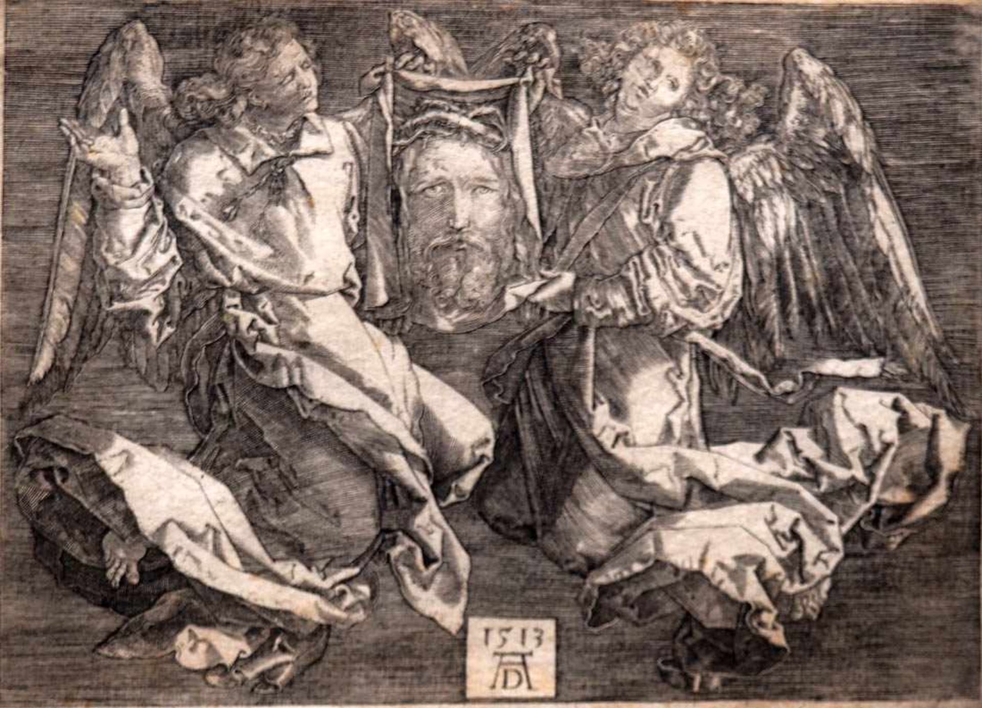 Dürer, Albrecht, 1471 - 1528Von zwei Engeln gehaltenes Grabtuch Christi. Kupferstich, mittig - Bild 2 aus 4