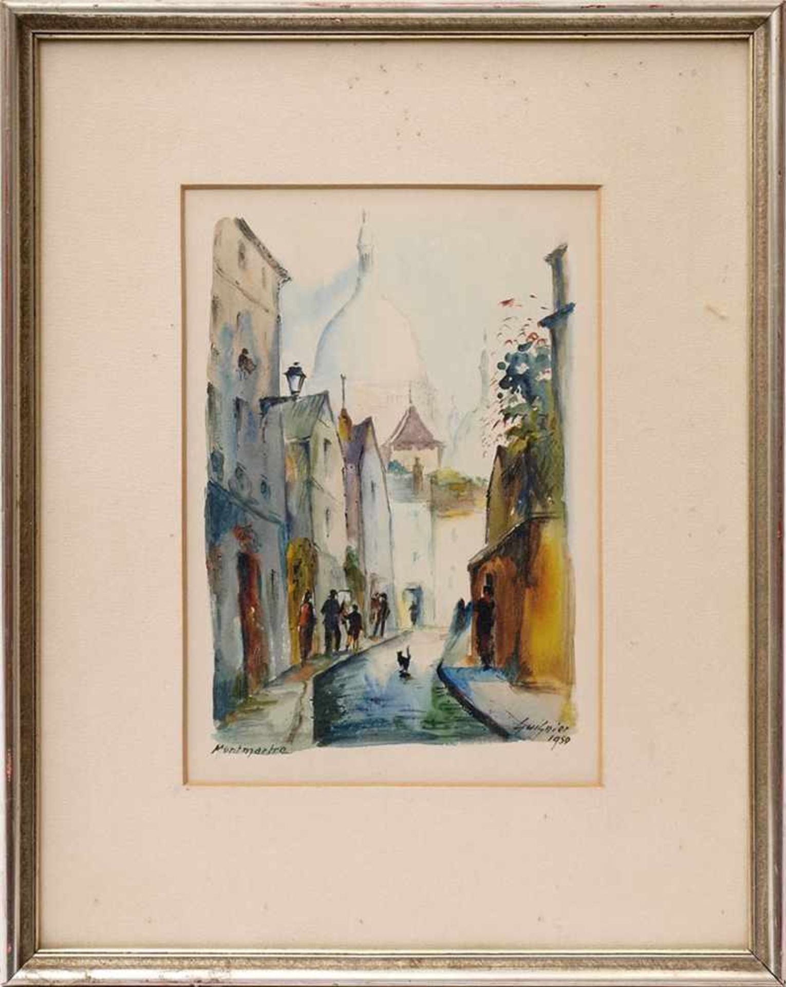 Guignier, Fernand, 1902 - 1972Gasse in Montmartre mit Figurenstaffage, im Hintergrund die Kuppel von