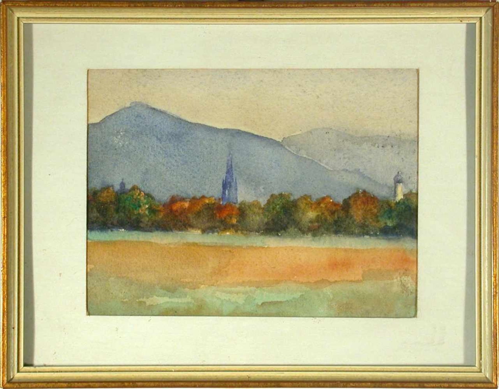 AquarellBlick auf Freiburg, im Hintergrund der Schwarzwald, Aquarell auf Büttenpapier. Ger.