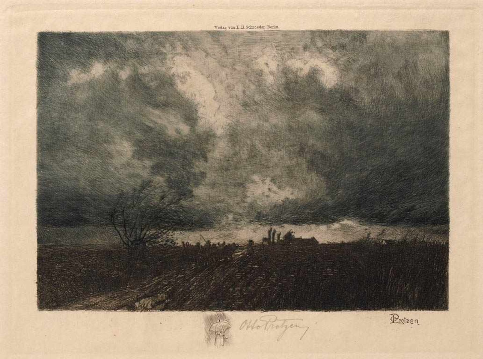 Protzen, Otto, 1868 - 1925Blick in die weite Ebene unter gewittrigem Himmel. Lithographie, rechts