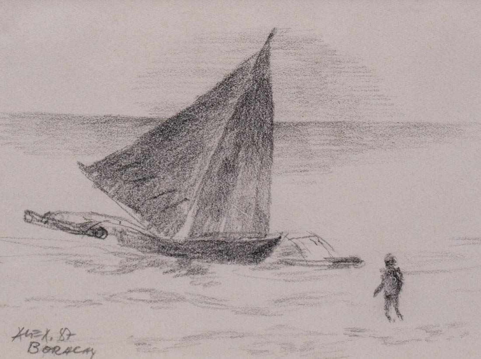 Maier, Alex, geb. 1917Auslegerboot am Strand, auf das sich eine einsame Gestalt zubewegt. - Bild 2 aus 3