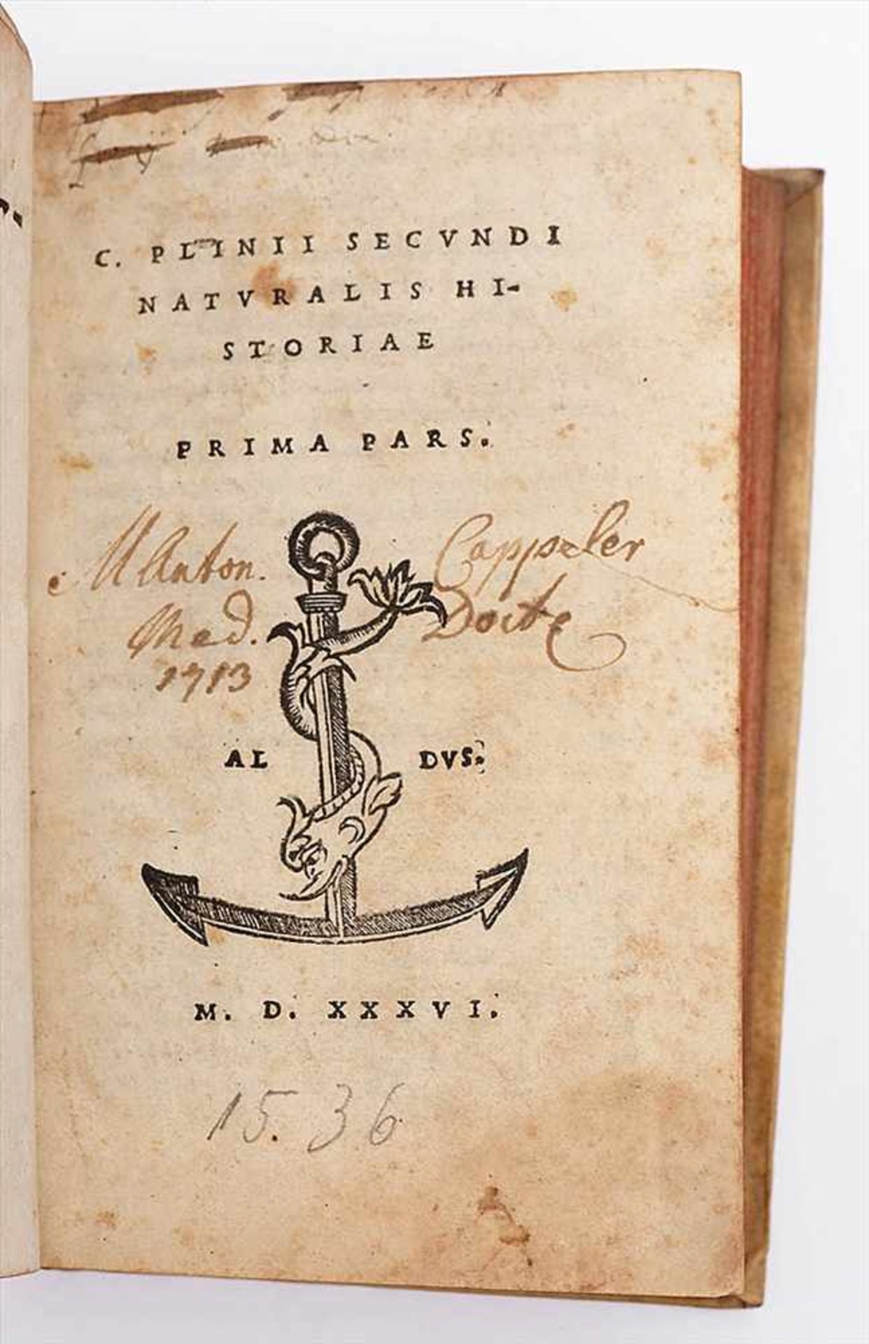 Plinius d.J.: "Naturalis Historiae Prima Pars", 1536Rot gefärbter Schnitt, Pergamenteinband, - Bild 2 aus 3