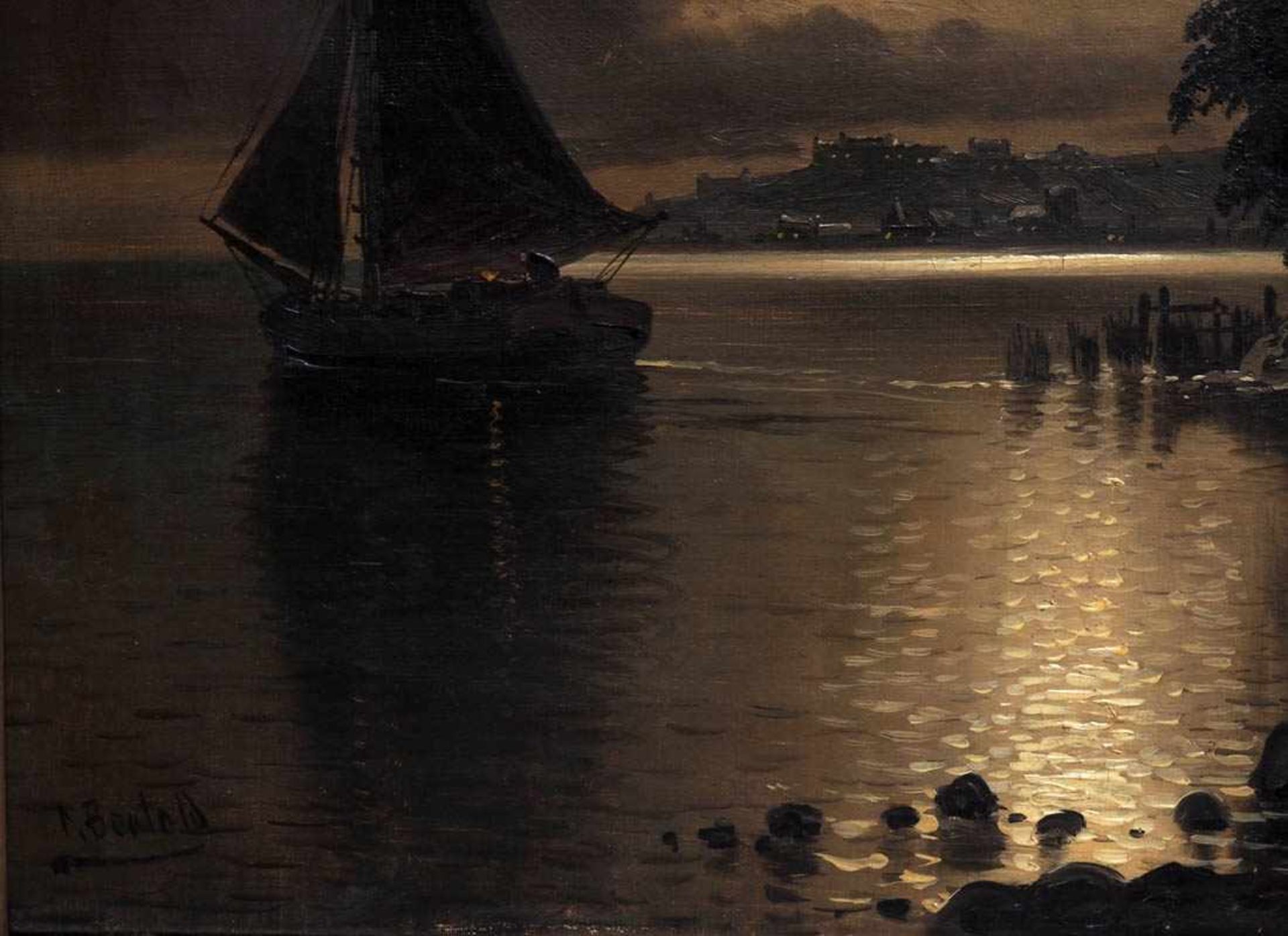 Bertold, Carl (geb. 1870)Nächtliche, südländische Küstenlandschaft, am Ufer eine verfallene Burg, - Image 3 of 7