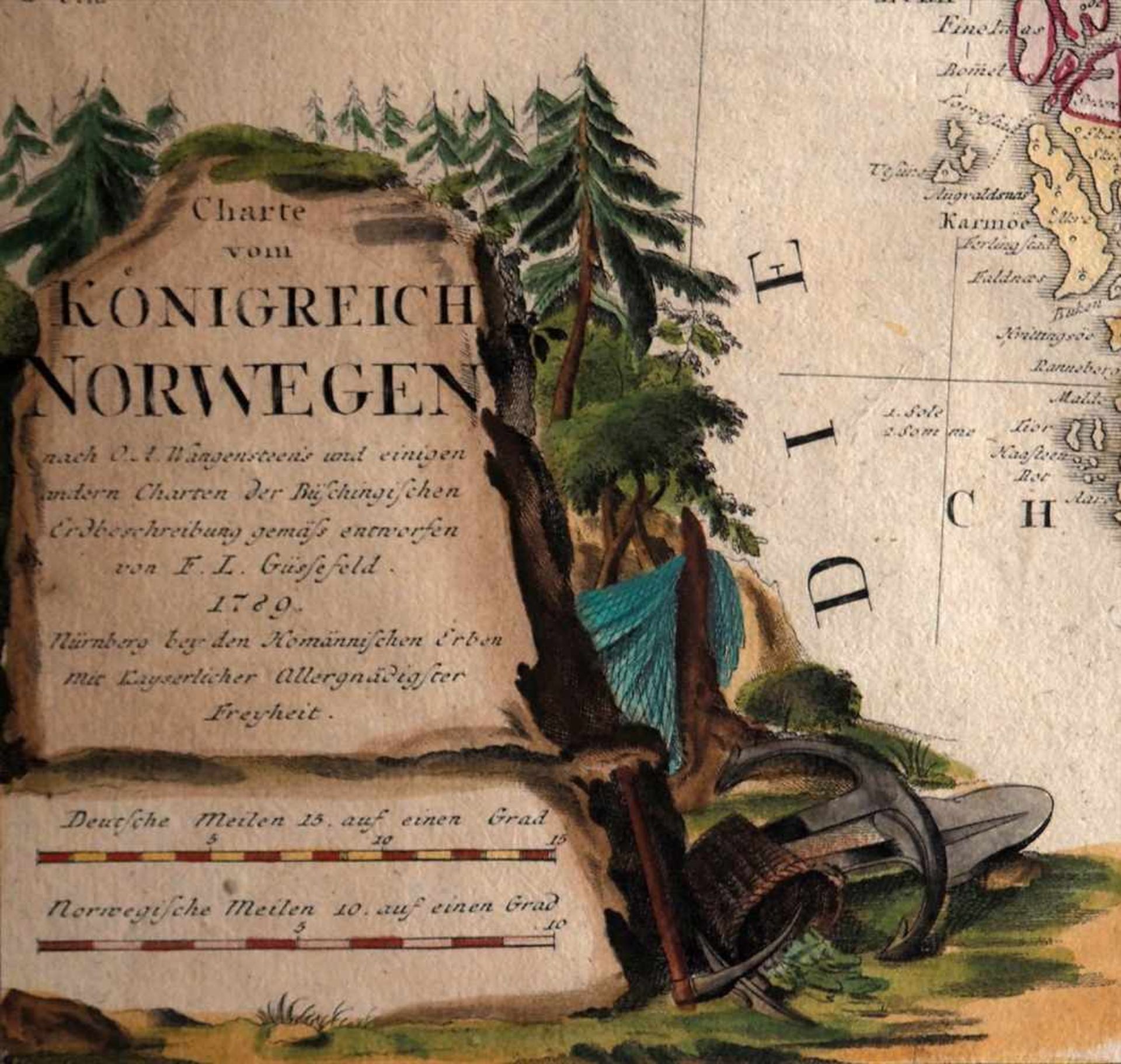 Landkarte von NorwegenHomann Erben, dat. 1789. Links unten Titelkartusche. Koloriert, ger. - Bild 2 aus 4