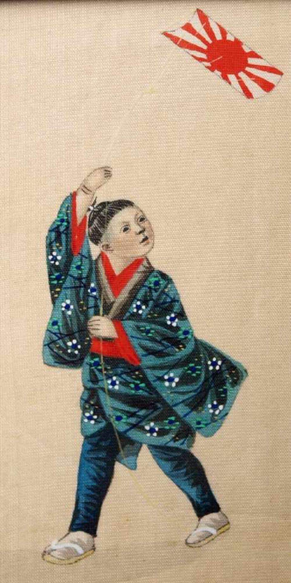 Drei Stoffmalereien, Japan, um 1900Samurai, Kind mit Flagge bzw. kniende Frau mit Schaufel in - Image 4 of 4