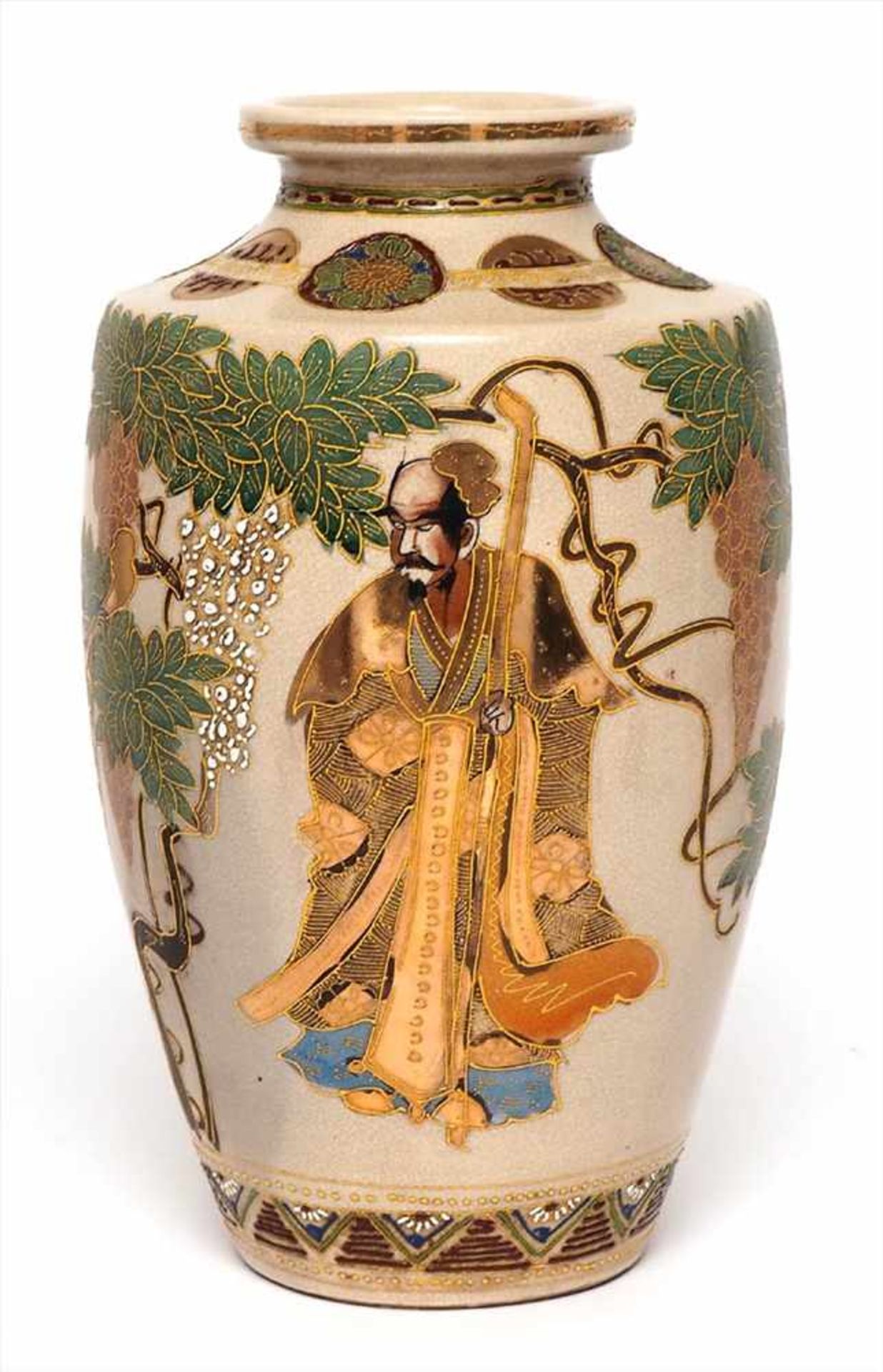 Satsuma-Vase, JapanMoriage-Stil. Bauchiger Korpus mit ausgestelltem Rand. Auf der Schauseite zwei