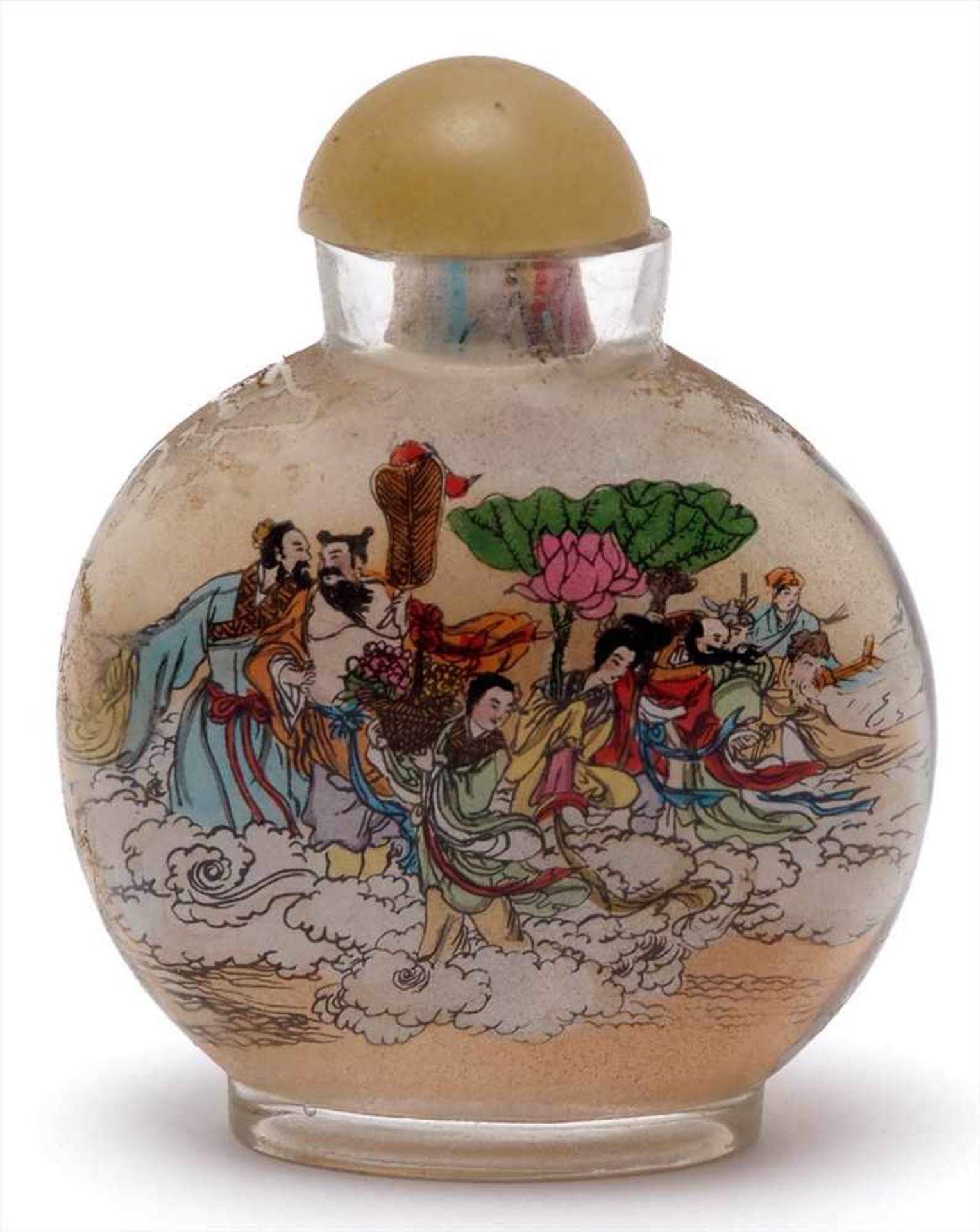 SnuffbottlePekingglas. Auf der Innenseite polychrome Bemalung mit Figuren in Landschaft.