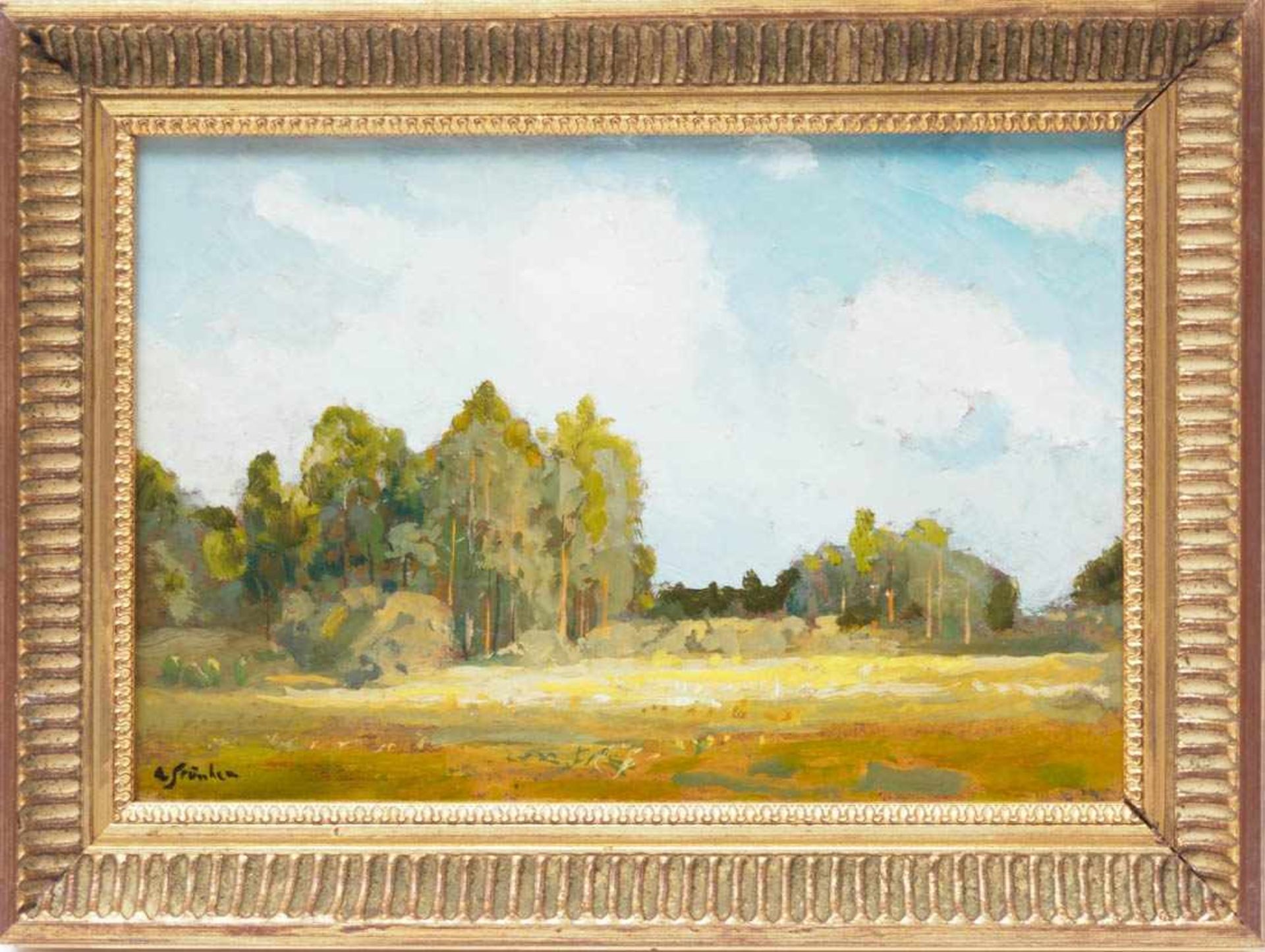 Strübe, Adolf, 1881 - 1973Markgräfler Landschaft mit Laubbäumen unter sommerblauem Himmel. Öl/Kt.,