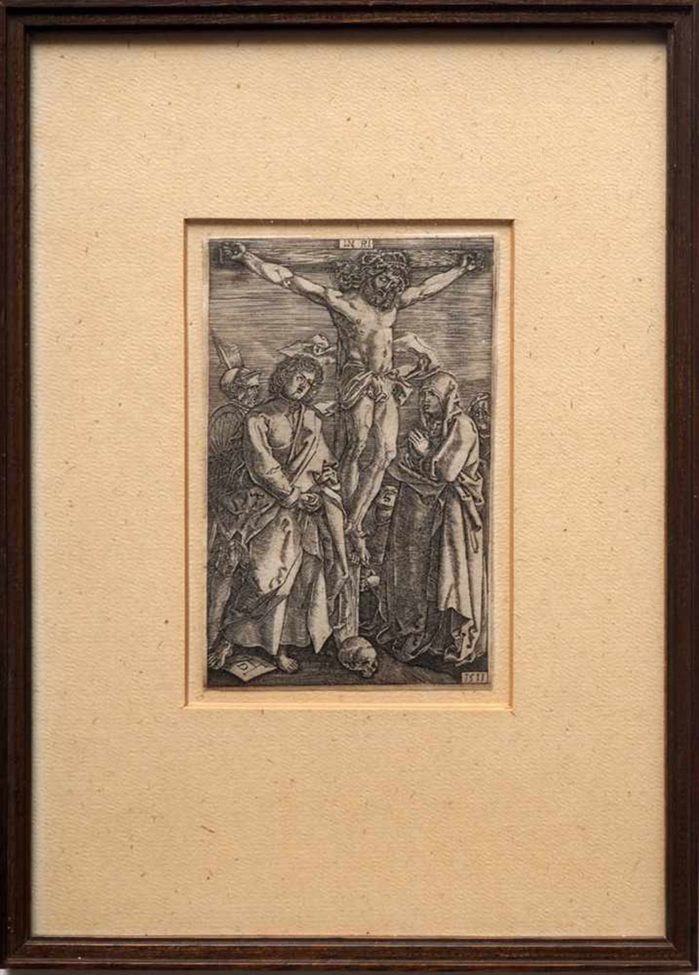 Dürer, Albrecht, 1471 - 1528Kreuzigungsszene mit Johannes und Maria. Kupferstich, links in der