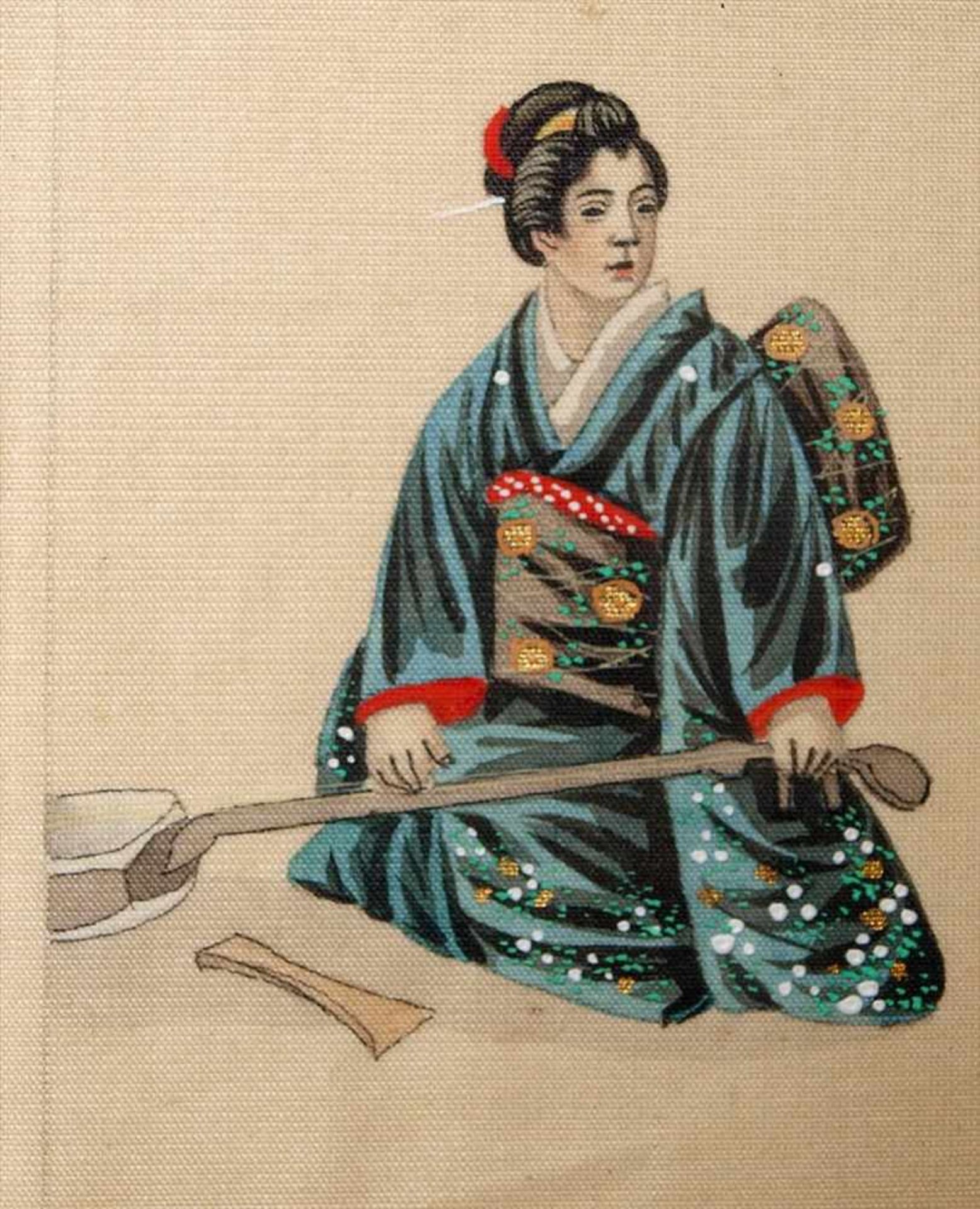 Drei Stoffmalereien, Japan, um 1900Samurai, Kind mit Flagge bzw. kniende Frau mit Schaufel in - Image 2 of 4