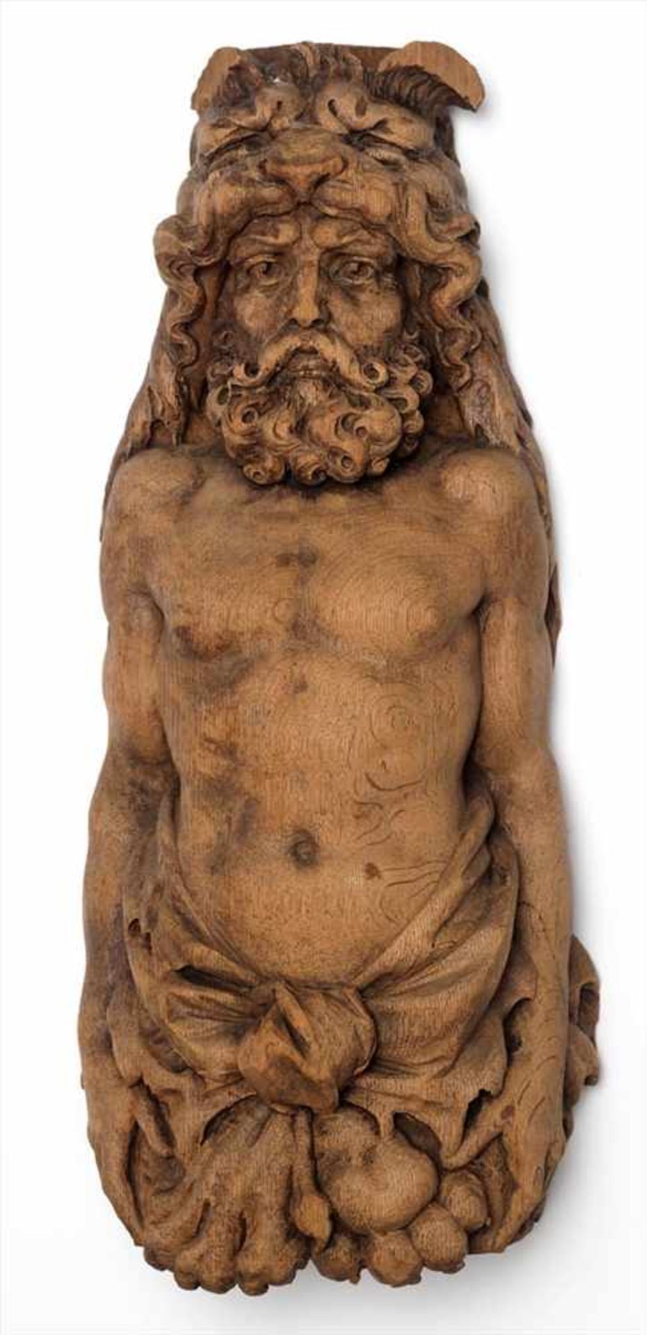 Figurine, 18./19.Jhdt.Halbrund geschnitzte Halbfigur von Herkules mit dem Löwenfell. Eiche. H.