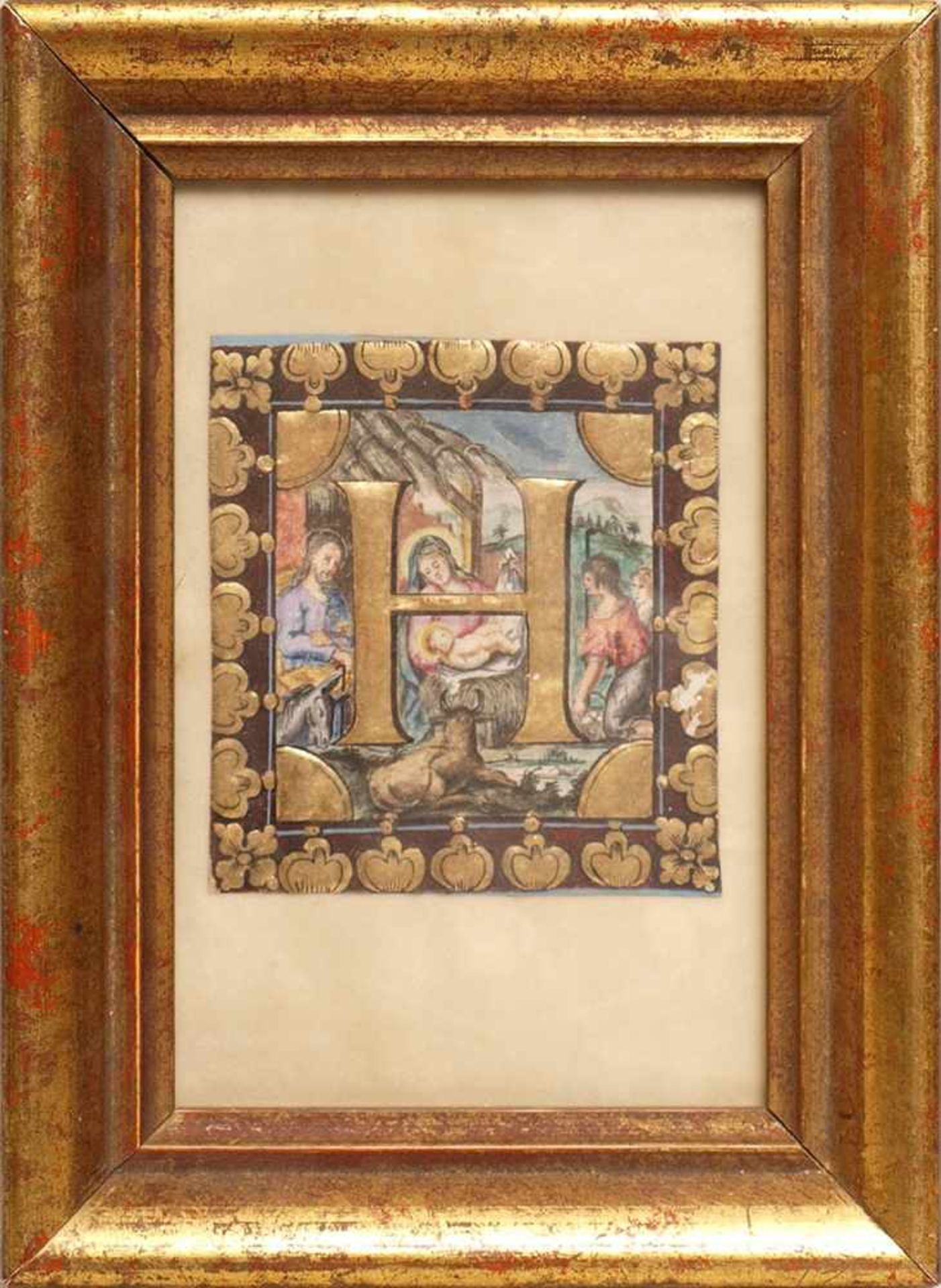 Initial, wohl 18.Jhdt.Feine, perspektivische Aquarellmalerei mit Blattgold auf Pergament. Aus