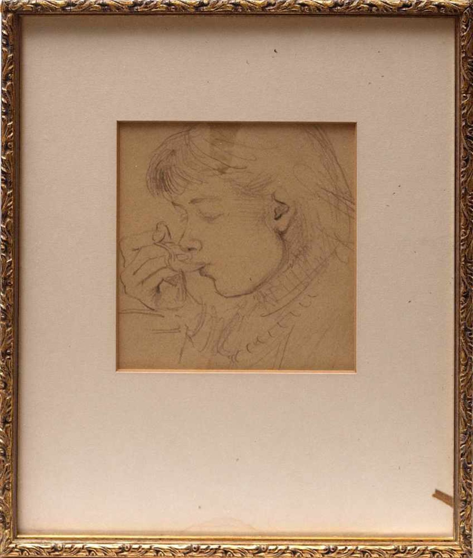 Pape, William, 1859 - 1920Brustbild eines Suppe essenden jungen Mädchens. Bleistiftzeichnung,