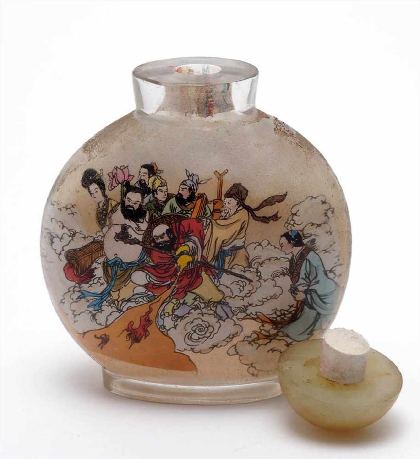 SnuffbottlePekingglas. Auf der Innenseite polychrome Bemalung mit Figuren in Landschaft. - Bild 2 aus 2