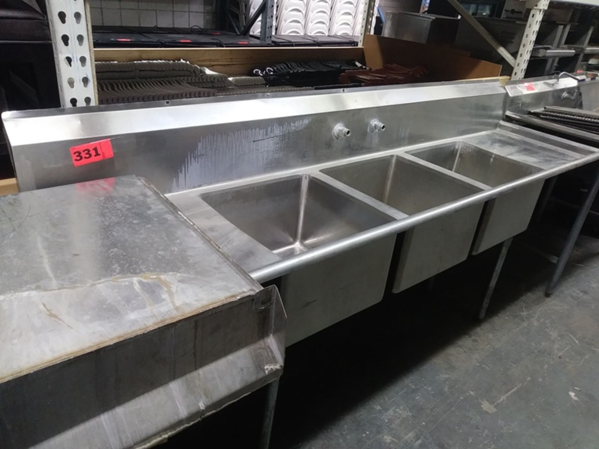 3 COMPARTMENT STAINLESS STEEL SINK (size: 94" L X 25" D X 44.5" H) - Image 3 of 4