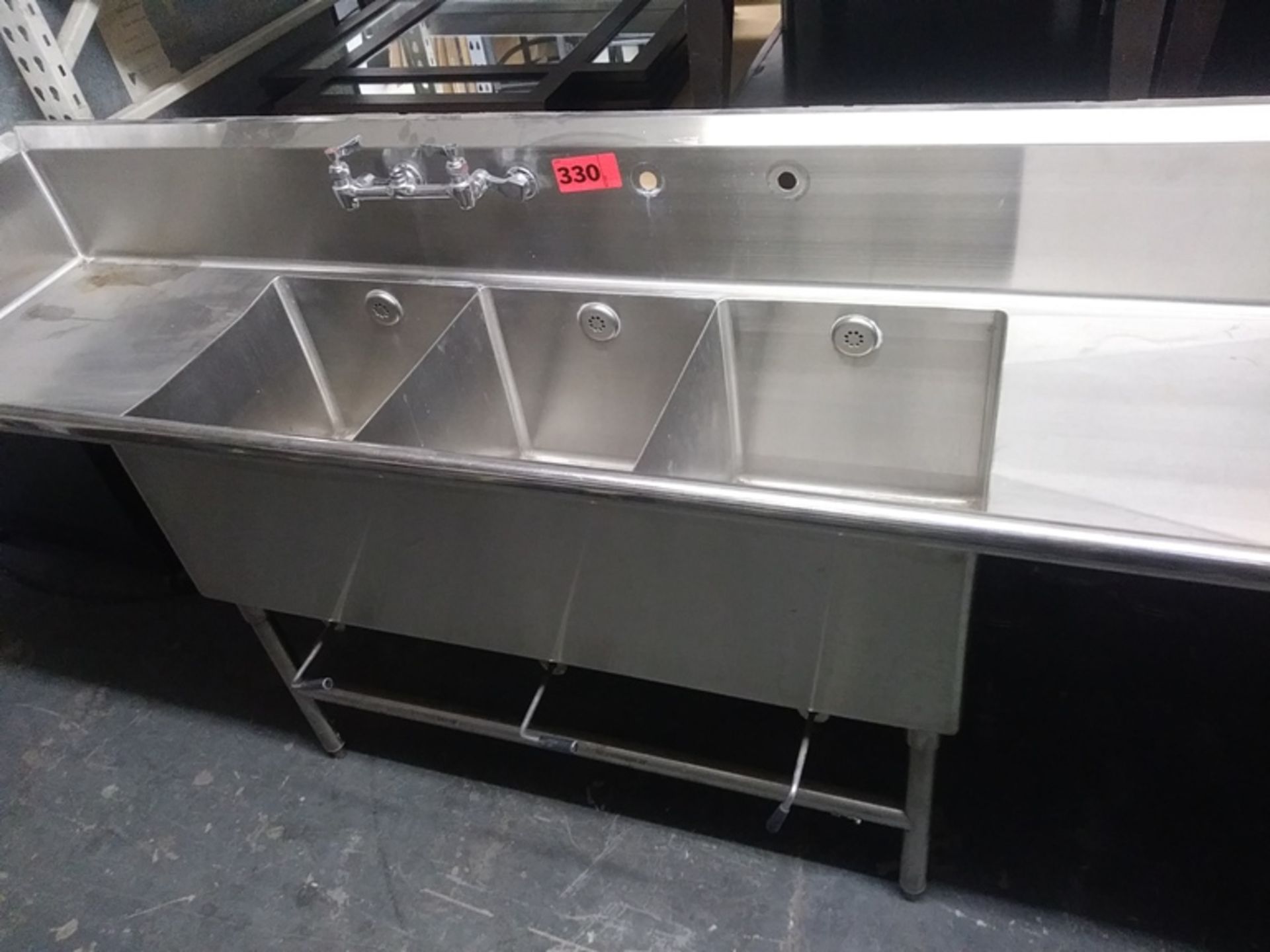 3 COMPARTMENT STAINLESS STEEL SINK (size: 90" L X 24" D X 44" H) - Image 3 of 4