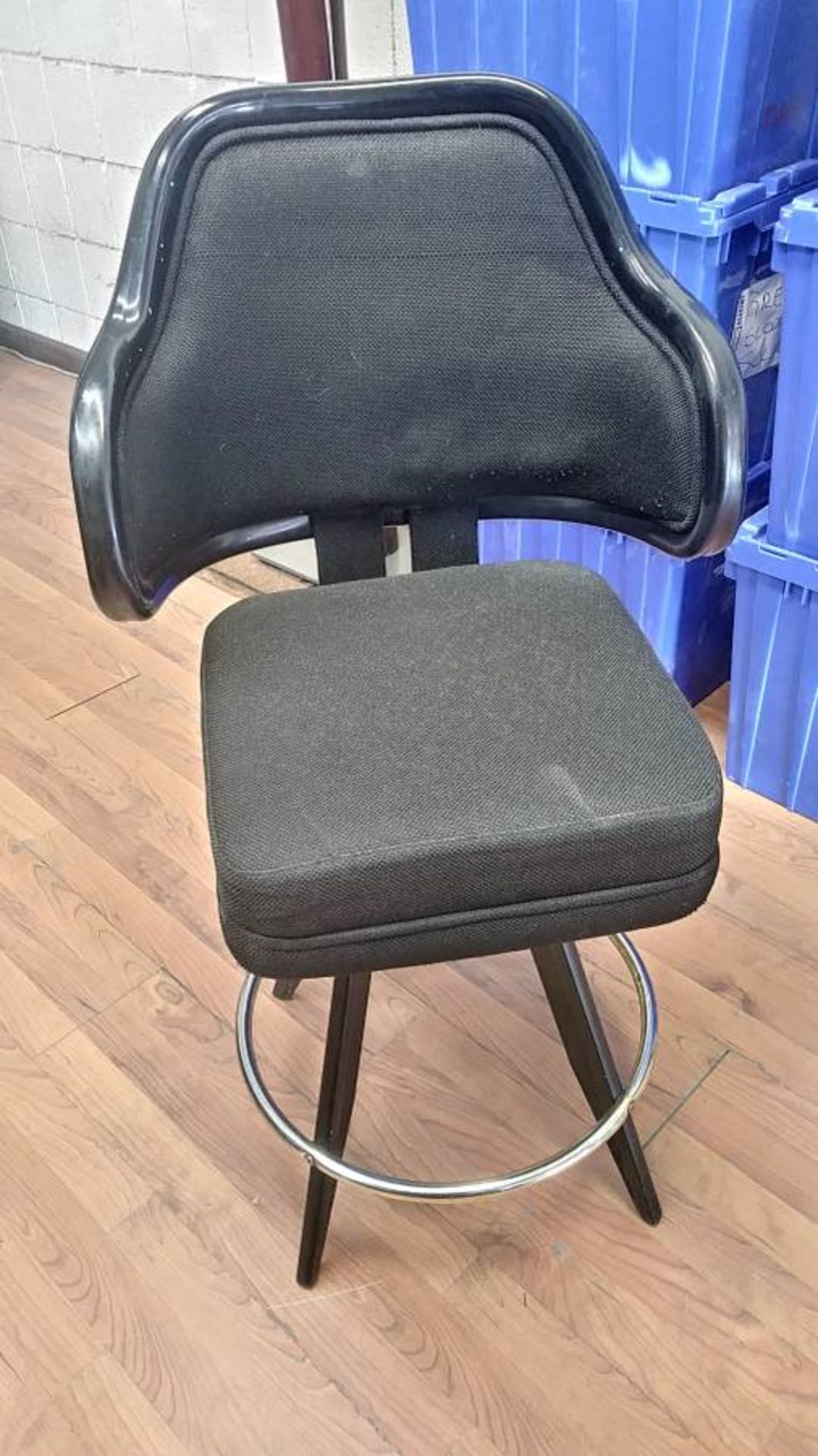 BLACK LOUNGE CHAIRS (SHORT STOOLS) W/ ARM & FOOTREST (X MONEY) (40" TOTAL H X 24" H FROM SEAT..)