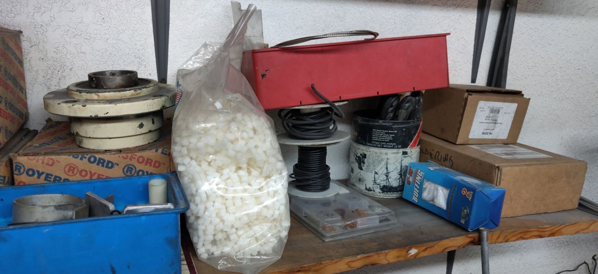 CONTENTS OF 2 SHELVES, NAILS, DRY WALL SCREWS, TIE STRAPS, ETC +BACK WALL OF WORK BENCH, O CLAMPS.. - Image 4 of 9