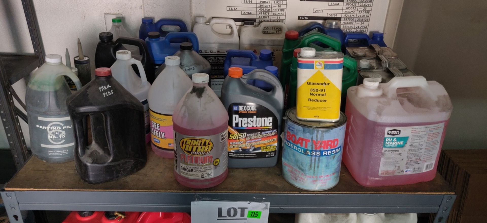 CONTENTS OF SHELVES - MISC OIL, HUB LUBE, MOUNTING / RUBBER LUBE, ANTIFREEZE, FUEL TANK, FUNNEL, ETC - Image 2 of 3