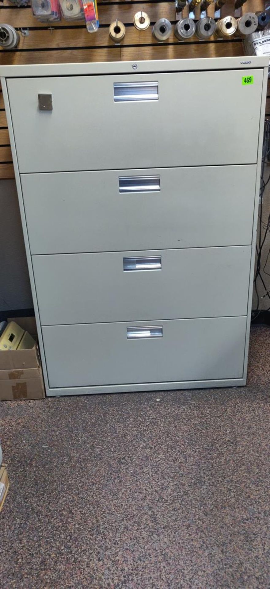 BEIGE 4 DRAWER CABINET 4 FT TALL - COMES WITH SOME MISC OFFICE SUPPLIES