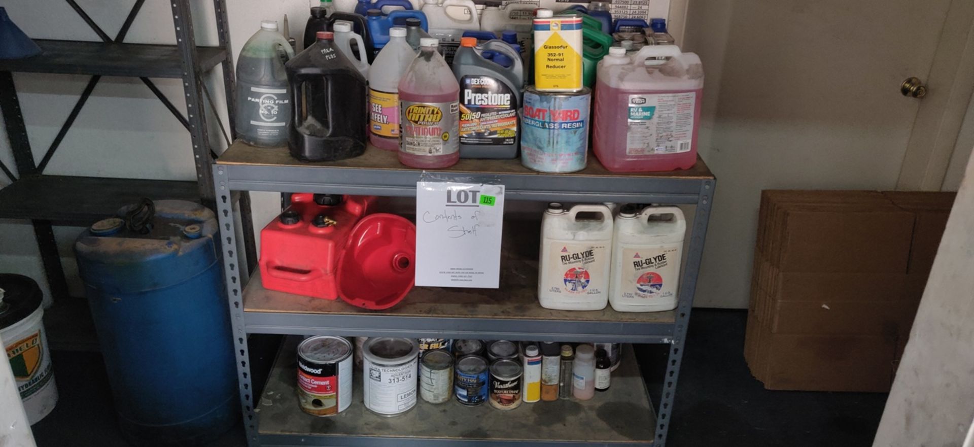 CONTENTS OF SHELVES - MISC OIL, HUB LUBE, MOUNTING / RUBBER LUBE, ANTIFREEZE, FUEL TANK, FUNNEL, ETC