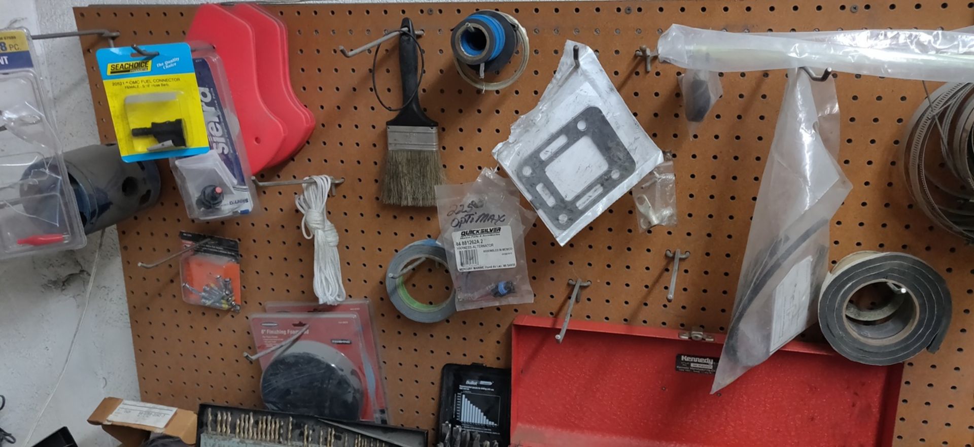 CONTENTS OF 2 SHELVES, NAILS, DRY WALL SCREWS, TIE STRAPS, ETC +BACK WALL OF WORK BENCH, O CLAMPS.. - Image 8 of 9