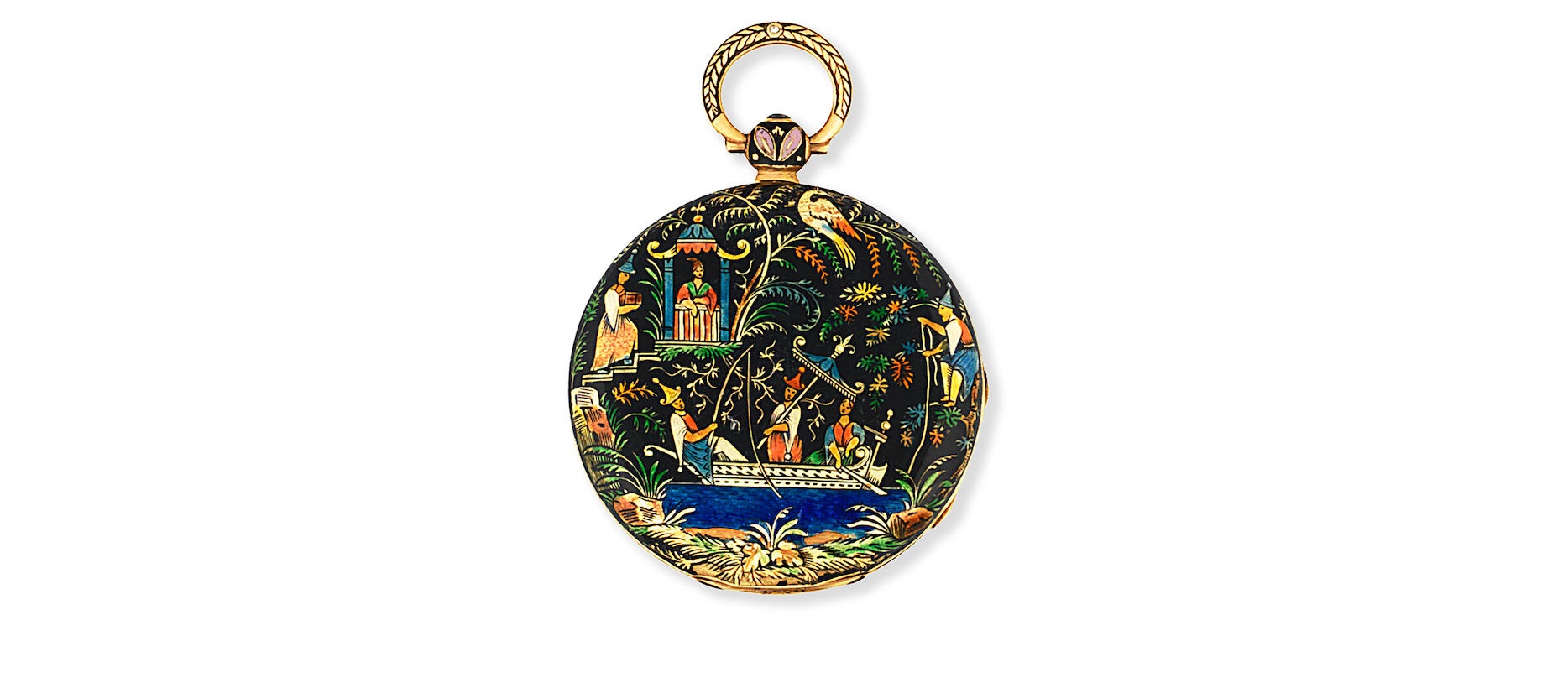 A gold and enamel decorated key wind open face pocket watch
