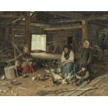 Ivan Ivanovitch Tvoroshnikov (Russian, 1848-1919) Barn interior with peasants and poultry