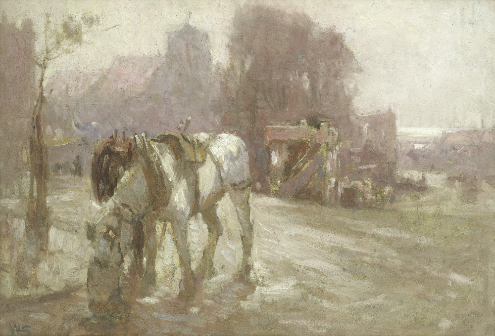 Arthur Winter Shaw (British, 1869-1948) Horses feeding in a winter landscape