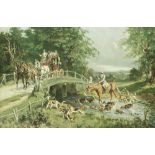 Gilbert Scott Wright (British, 1880-1958) Exercising the hounds, the Royal Mail crossing a bridge