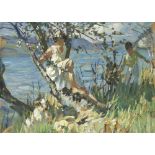 Dorothea Sharp, RBA, ROI (British, 1874-1955) Figures by a lake, possibly Lake Thun, Switzerland